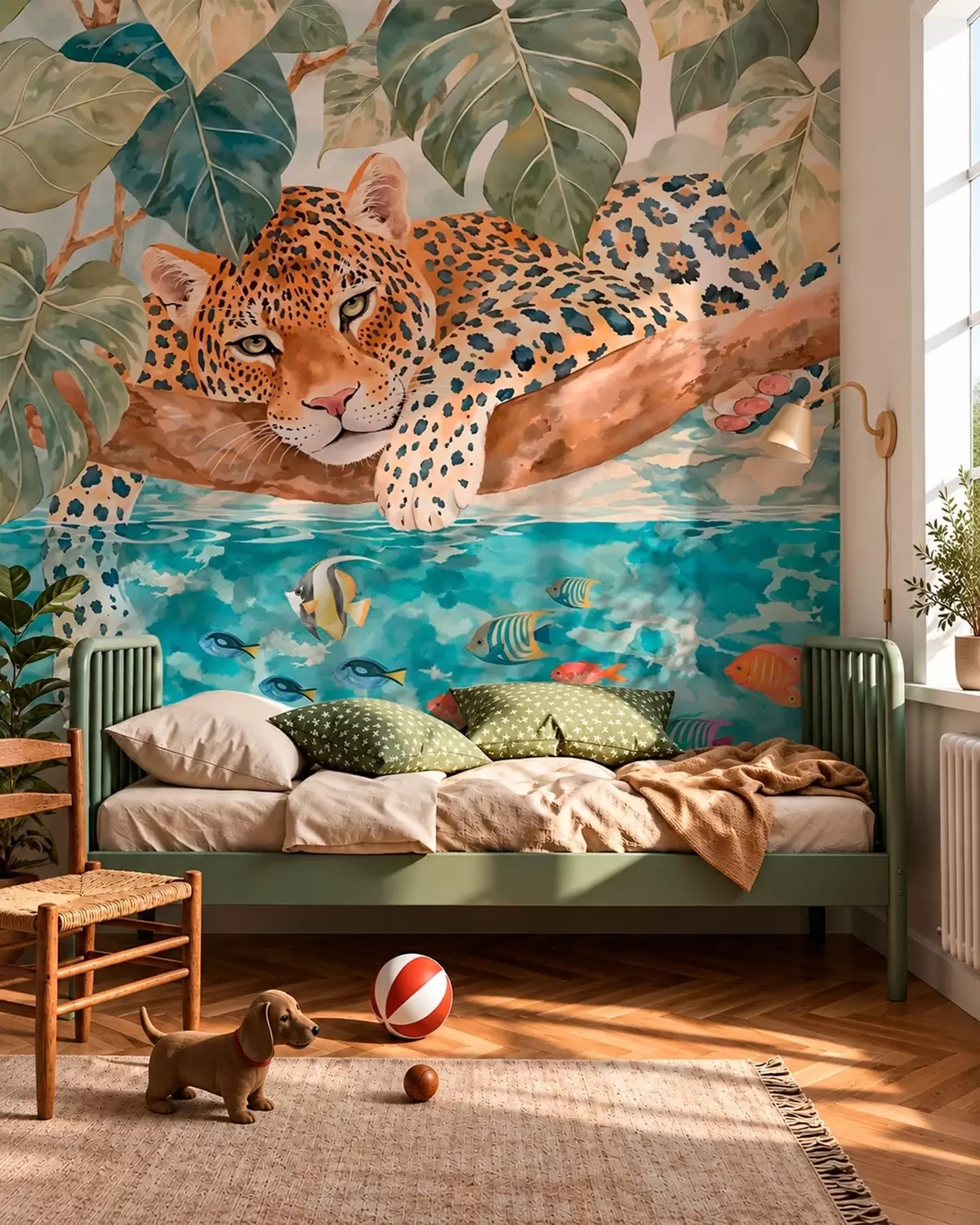 Murale Un léopard perché sur une branche au-dessus de l'eau, avec des poissons colorés w05954