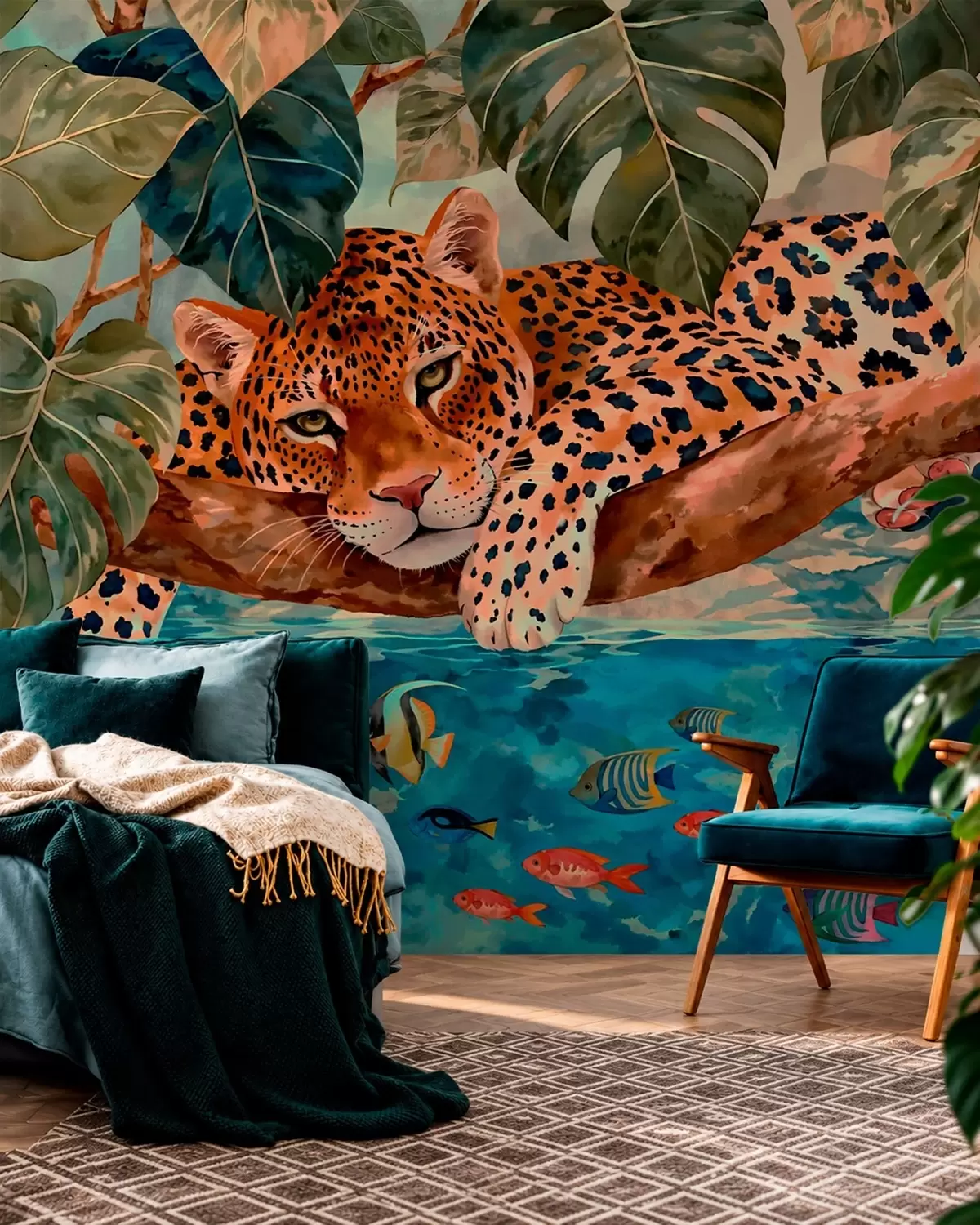 Murale Un léopard parmi les feuilles tropicales au-dessus de l'eau, avec des poissons w05954v1