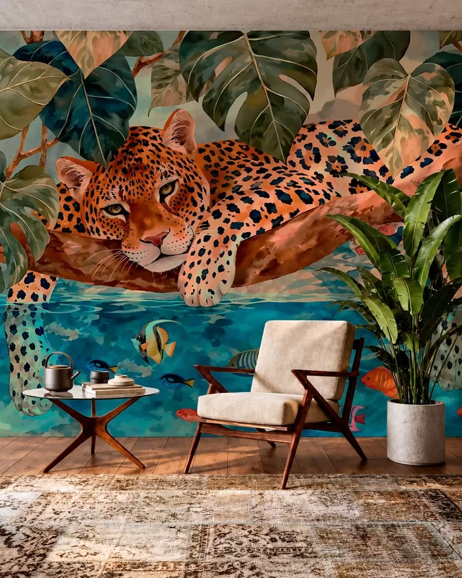 Fototapete Leopard zwischen tropischen Blättern über dem Wasser mit einem Fisch w05954v1