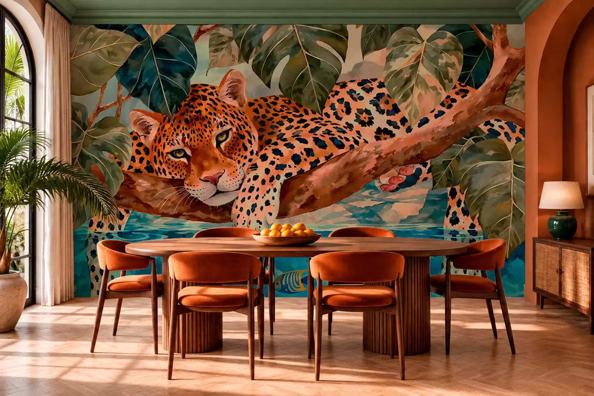 Murale Un léopard parmi les feuilles tropicales au-dessus de l'eau, avec des poissons w05954v1