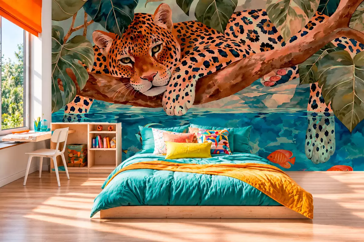 Murale Un léopard parmi les feuilles tropicales au-dessus de l'eau, avec des poissons w05954v1