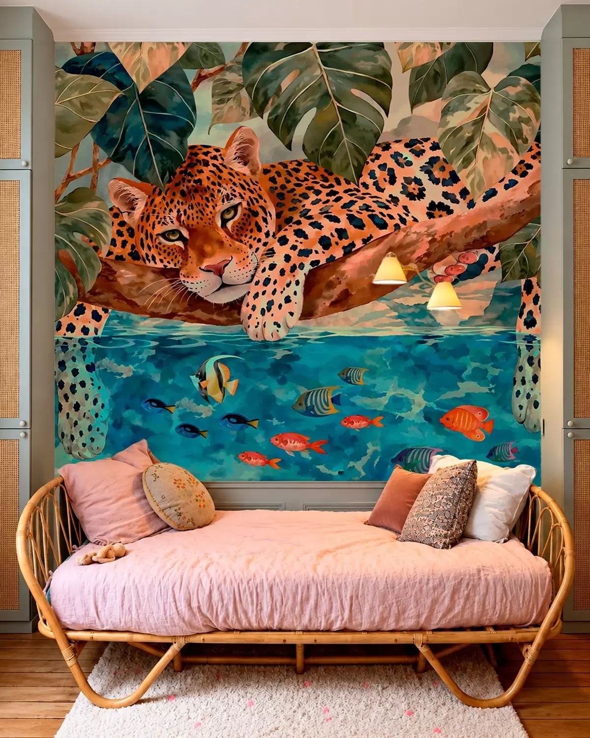 Murale Un léopard parmi les feuilles tropicales au-dessus de l'eau, avec des poissons w05954v1