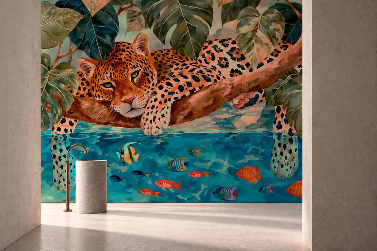 Murale Un léopard parmi les feuilles tropicales au-dessus de l'eau, avec des poissons w05954v1