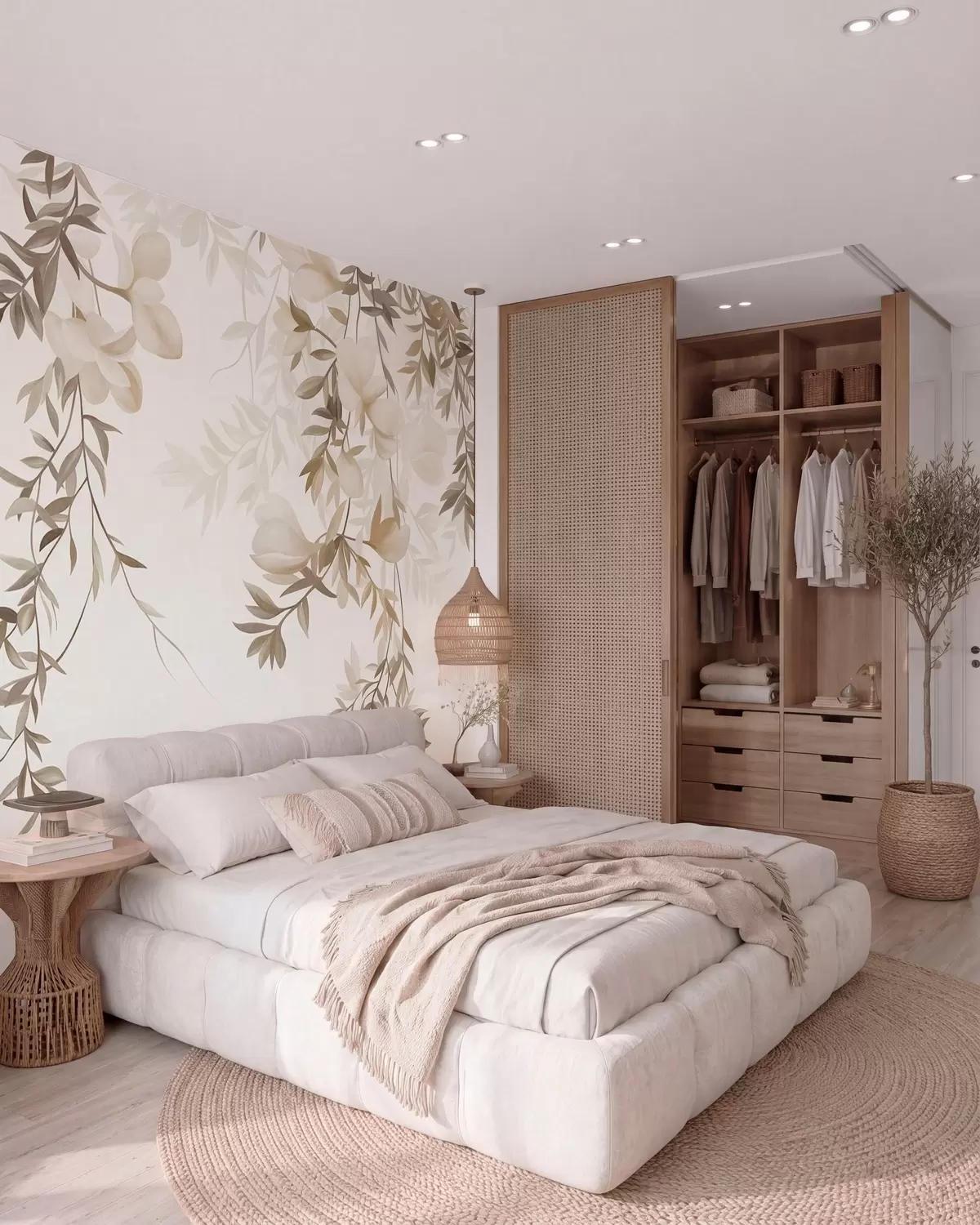 fototapeter Hængende pilegrene og bløde, blomstrende blomster i dæmpede beige nuancer w10081