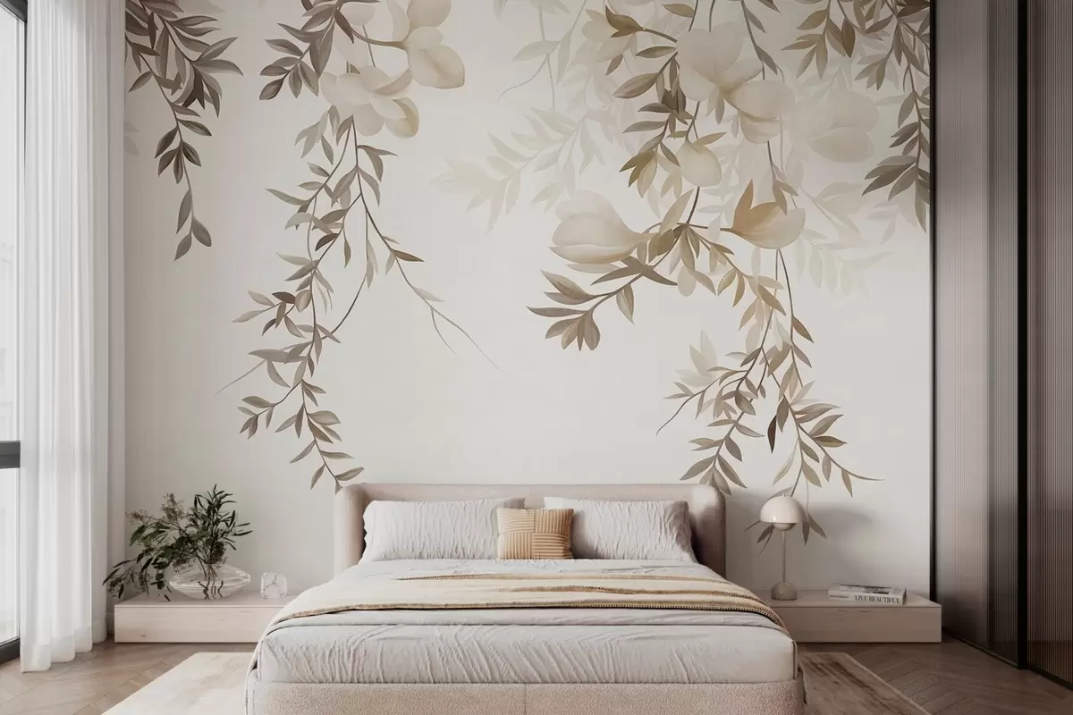 fototapeter Hængende pilegrene og bløde, blomstrende blomster i dæmpede beige nuancer w10081