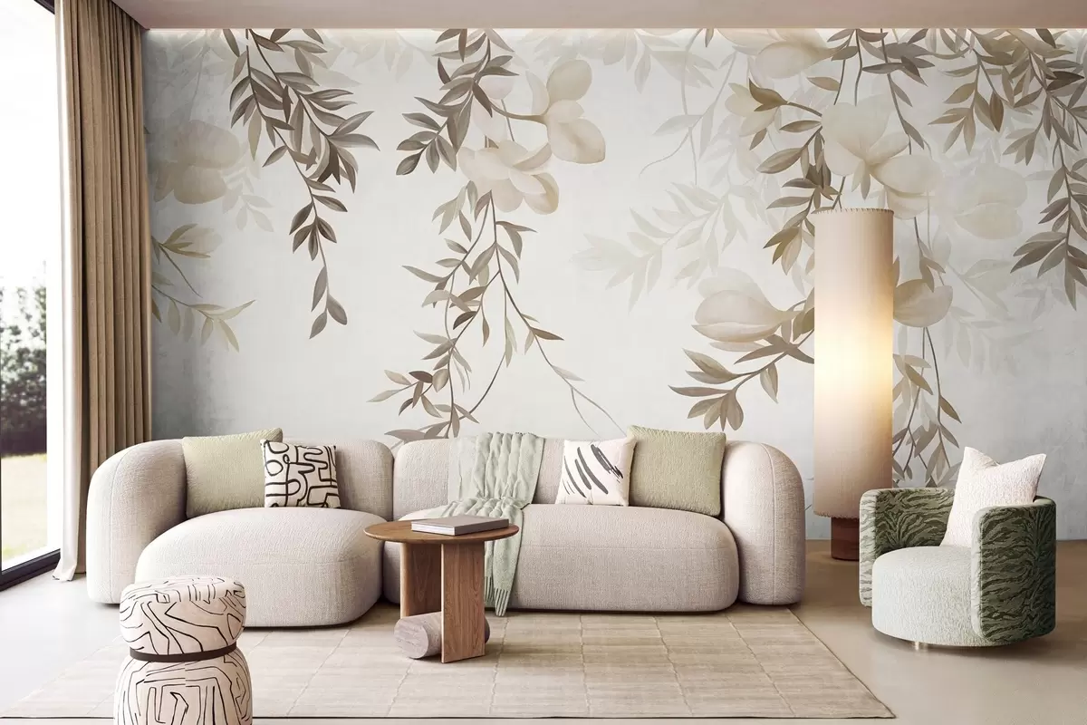 fototapeter Hængende pilegrene og bløde, blomstrende blomster i dæmpede beige nuancer w10081