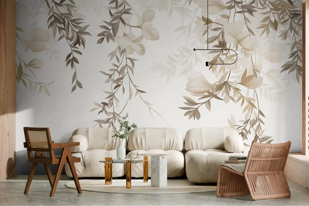 fototapeter Hængende pilegrene og bløde, blomstrende blomster i dæmpede beige nuancer w10081