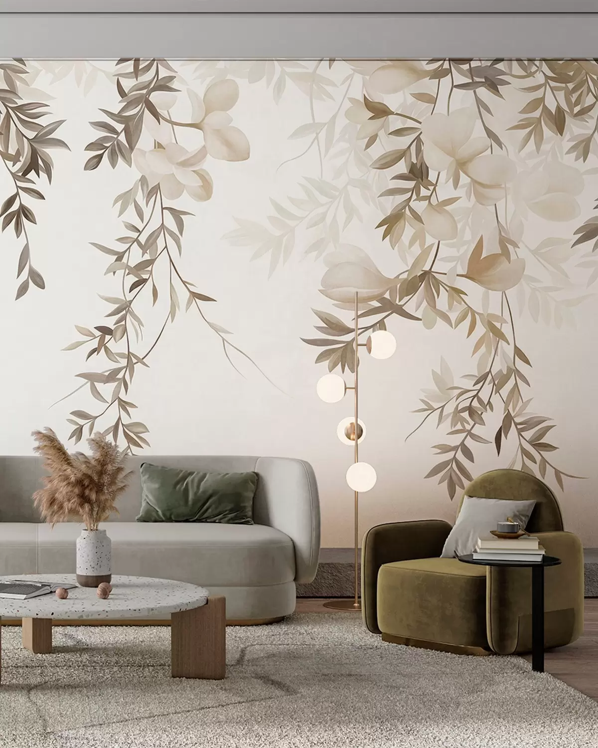 fototapeter Hængende pilegrene og bløde, blomstrende blomster i dæmpede beige nuancer w10081