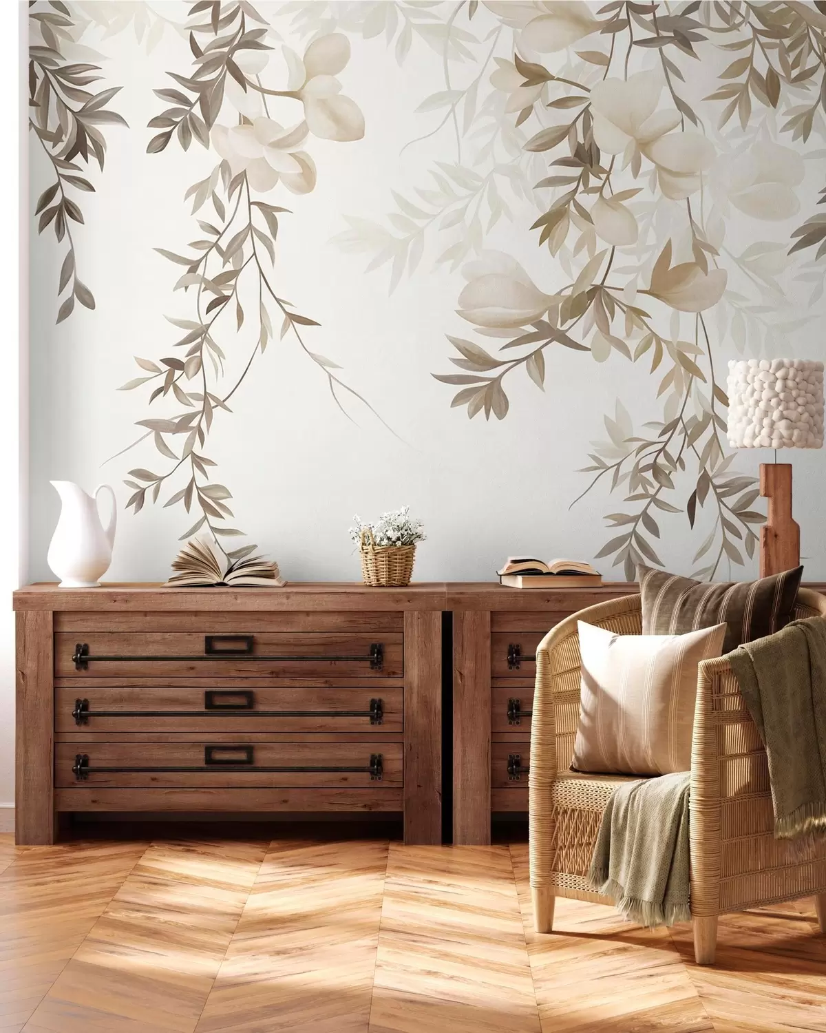 fototapeter Hængende pilegrene og bløde, blomstrende blomster i dæmpede beige nuancer w10081