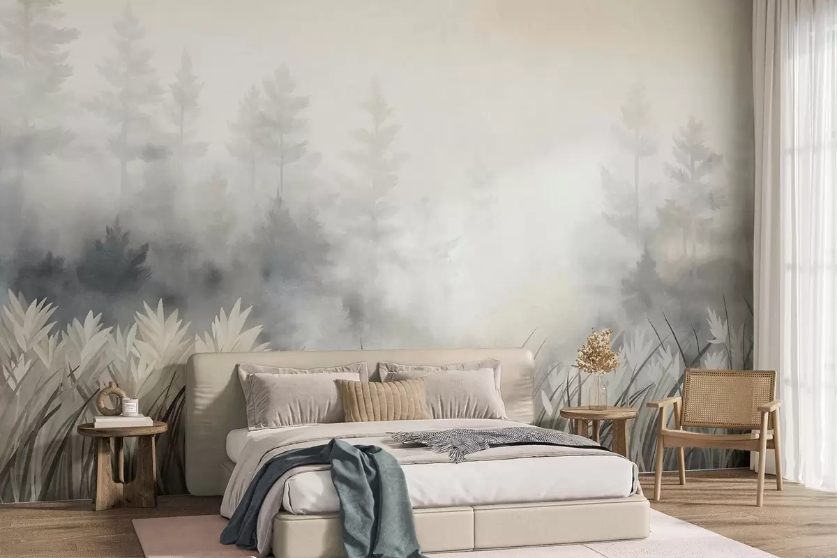 Murale Paysage composé de hautes herbes sauvages et d'une forêt de pins, dans un style minimaliste et texturé w10082