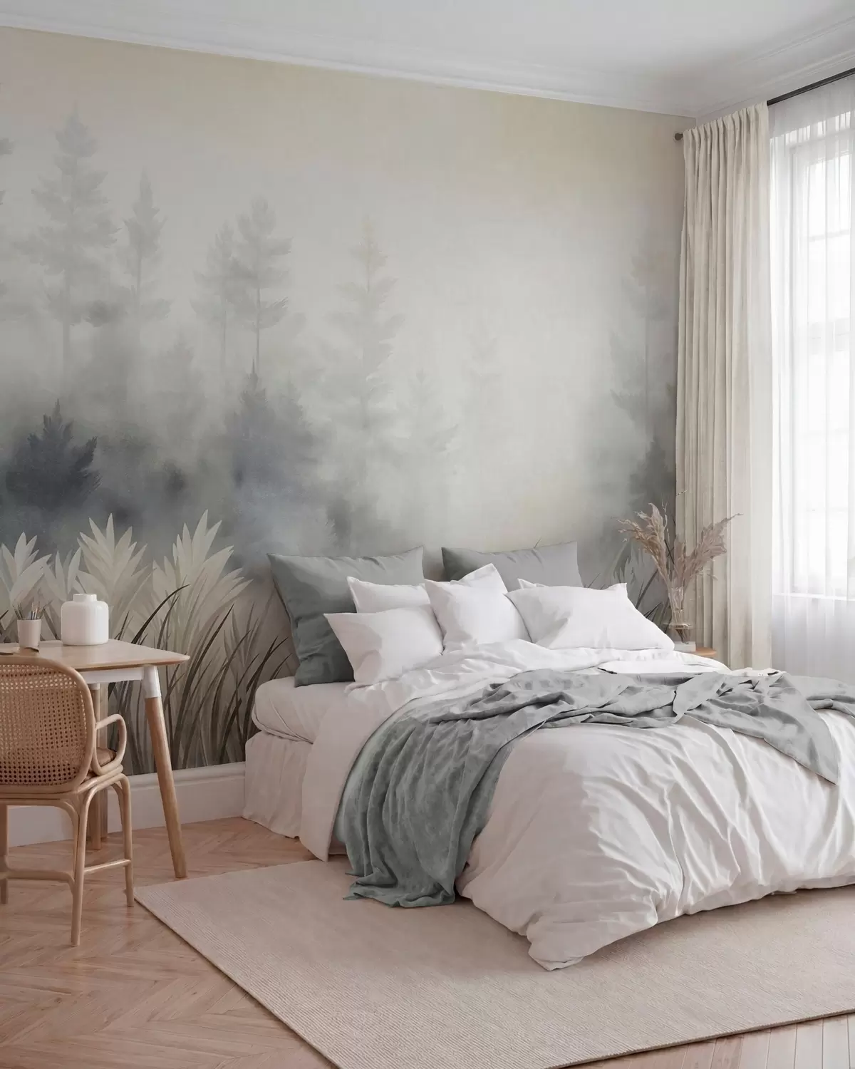 Murale Paysage composé de hautes herbes sauvages et d'une forêt de pins, dans un style minimaliste et texturé w10082