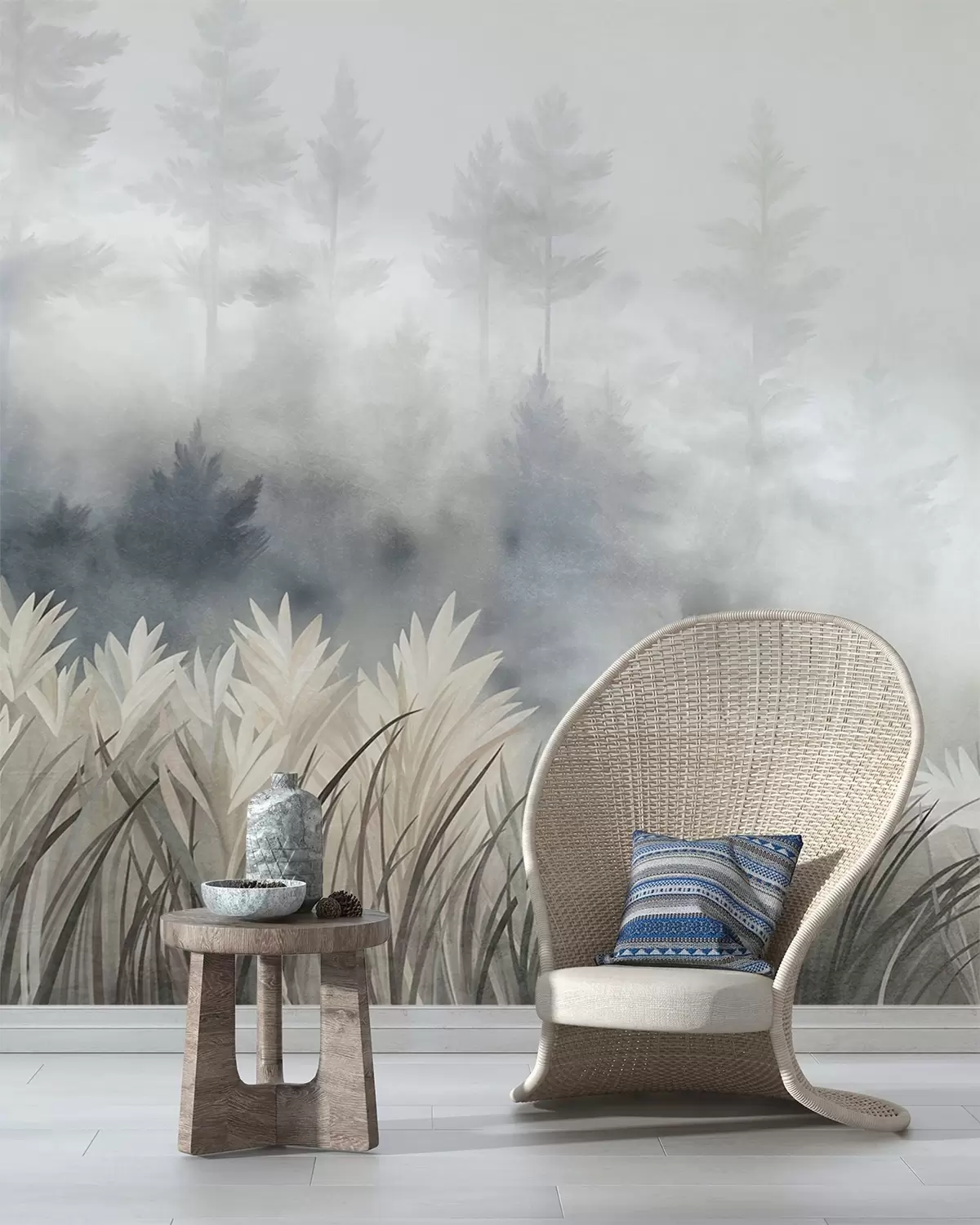 Murale Paysage composé de hautes herbes sauvages et d'une forêt de pins, dans un style minimaliste et texturé w10082
