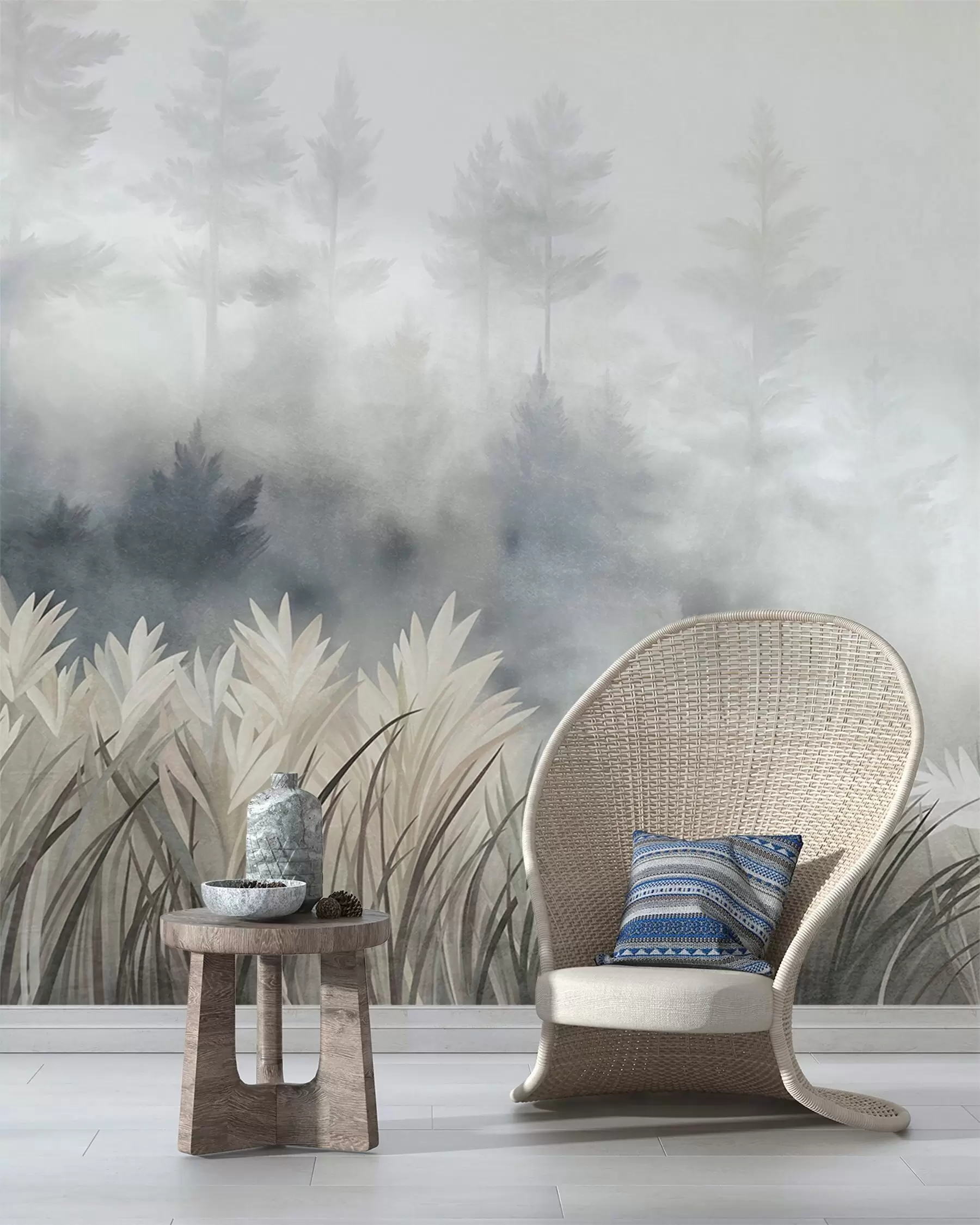 Fototapete Landschaft mit hohem Wildgras und Kiefernwald, minimalistischer, strukturierter Stil w10082