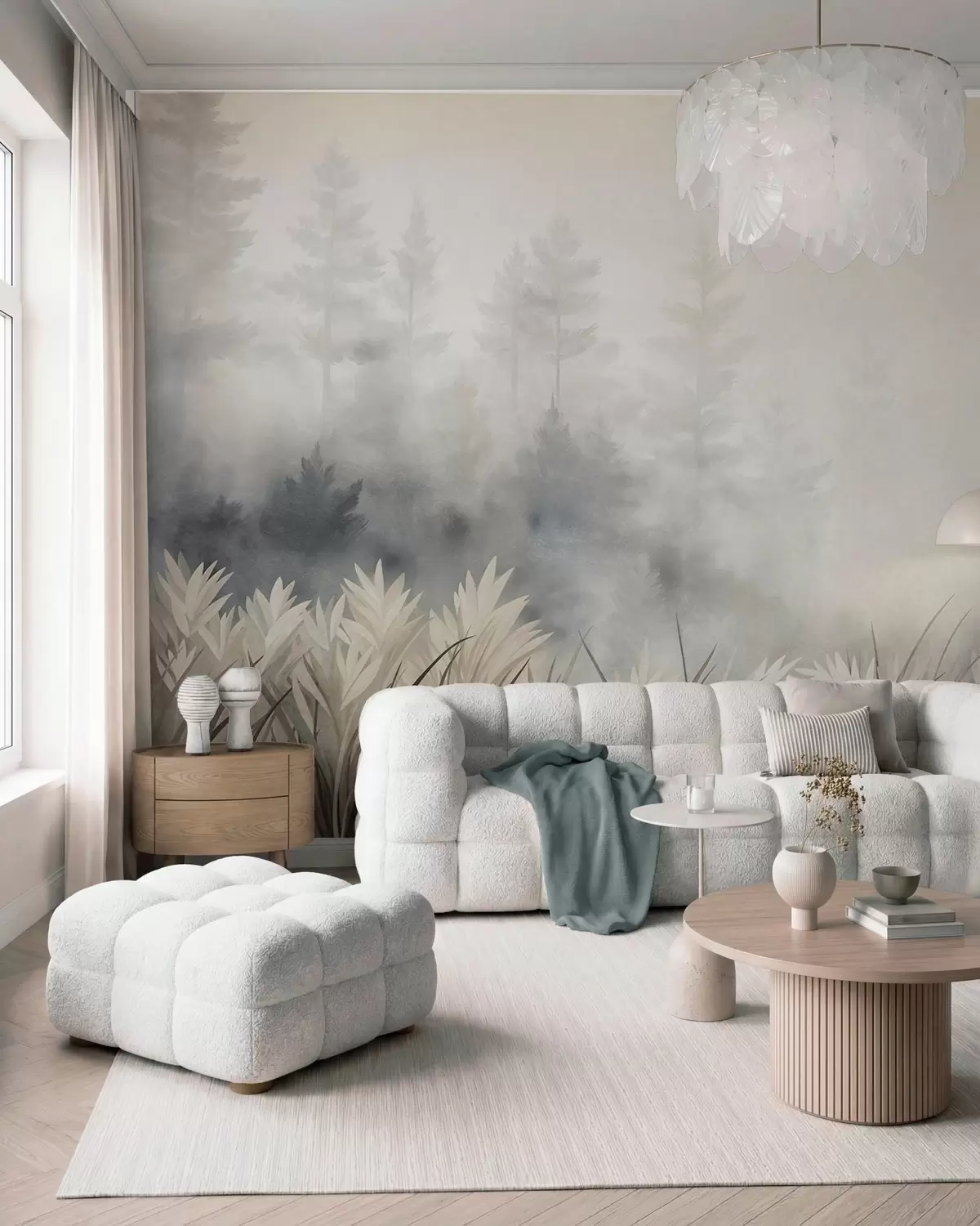 Murale Paysage composé de hautes herbes sauvages et d'une forêt de pins, dans un style minimaliste et texturé w10082