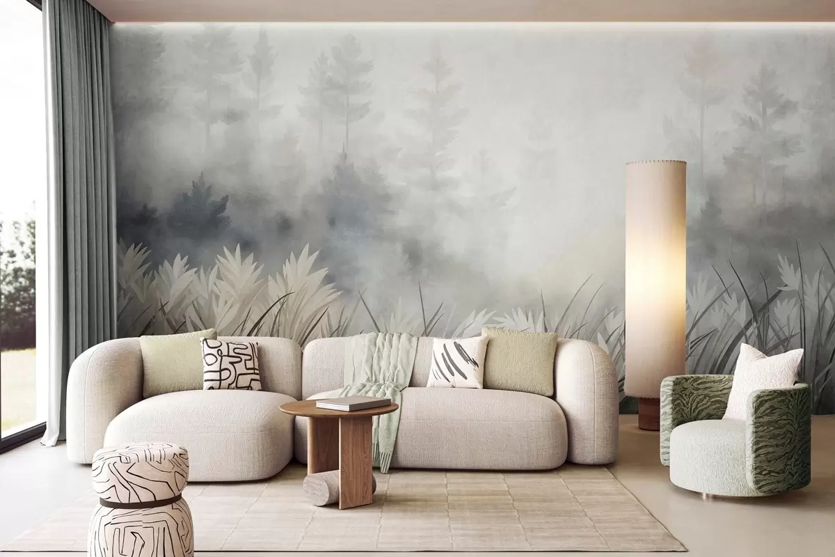 Murale Paysage composé de hautes herbes sauvages et d'une forêt de pins, dans un style minimaliste et texturé w10082