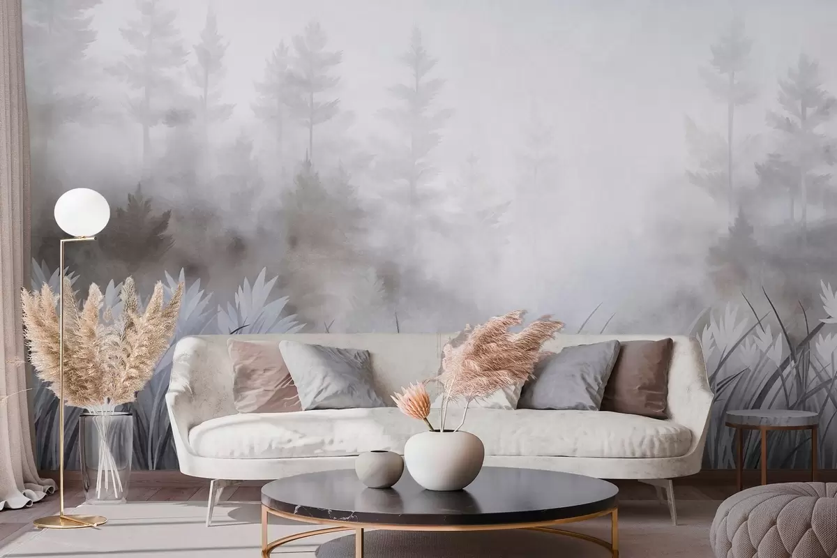 Murale Paysage composé de hautes herbes sauvages et d'une forêt de pins, dans un style minimaliste et texturé w10082v1