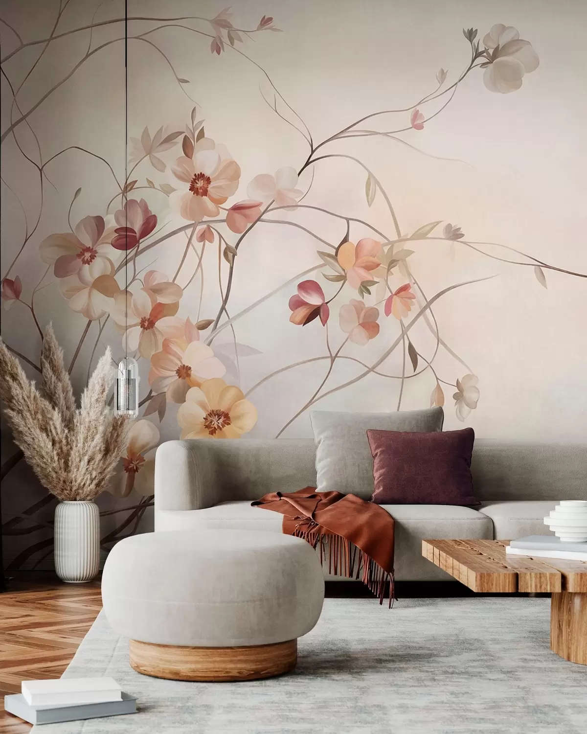 fototapeter Slyngende vinstokke med sarte, fersken- og cremefarvede blomster w10083