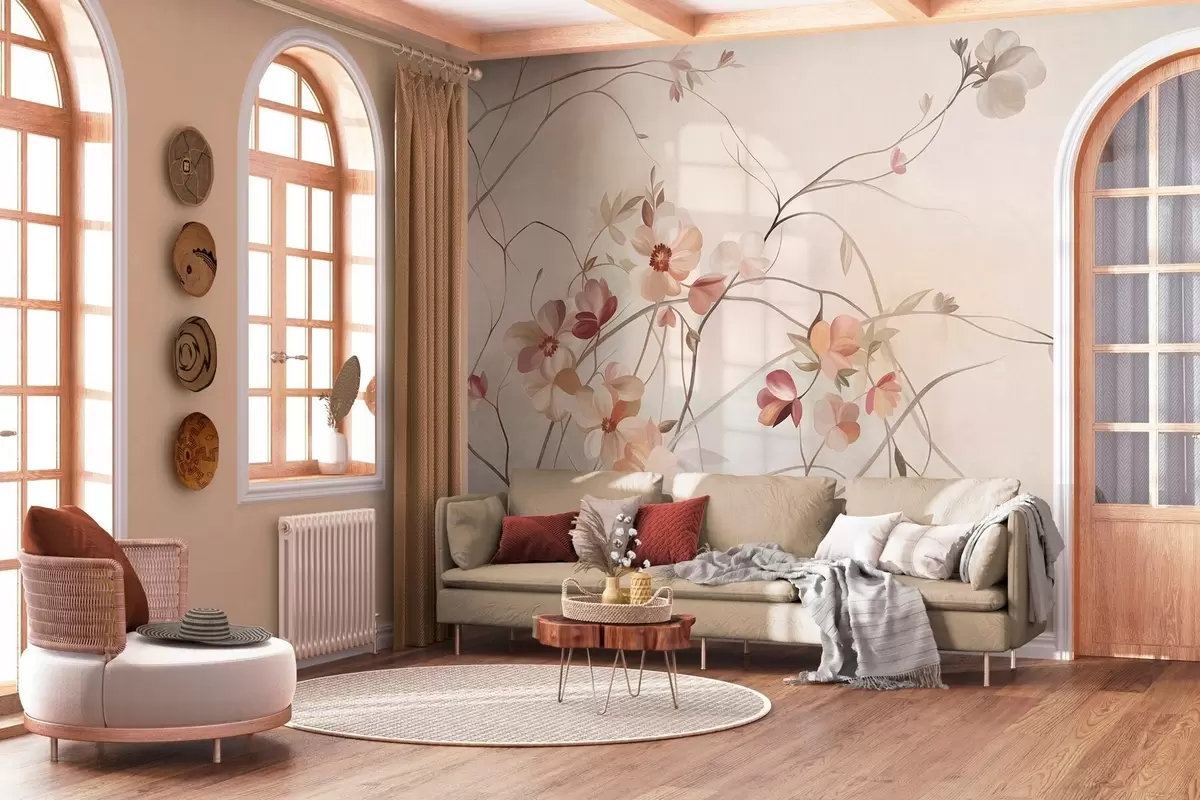 fototapeter Slyngende vinstokke med sarte, fersken- og cremefarvede blomster w10083