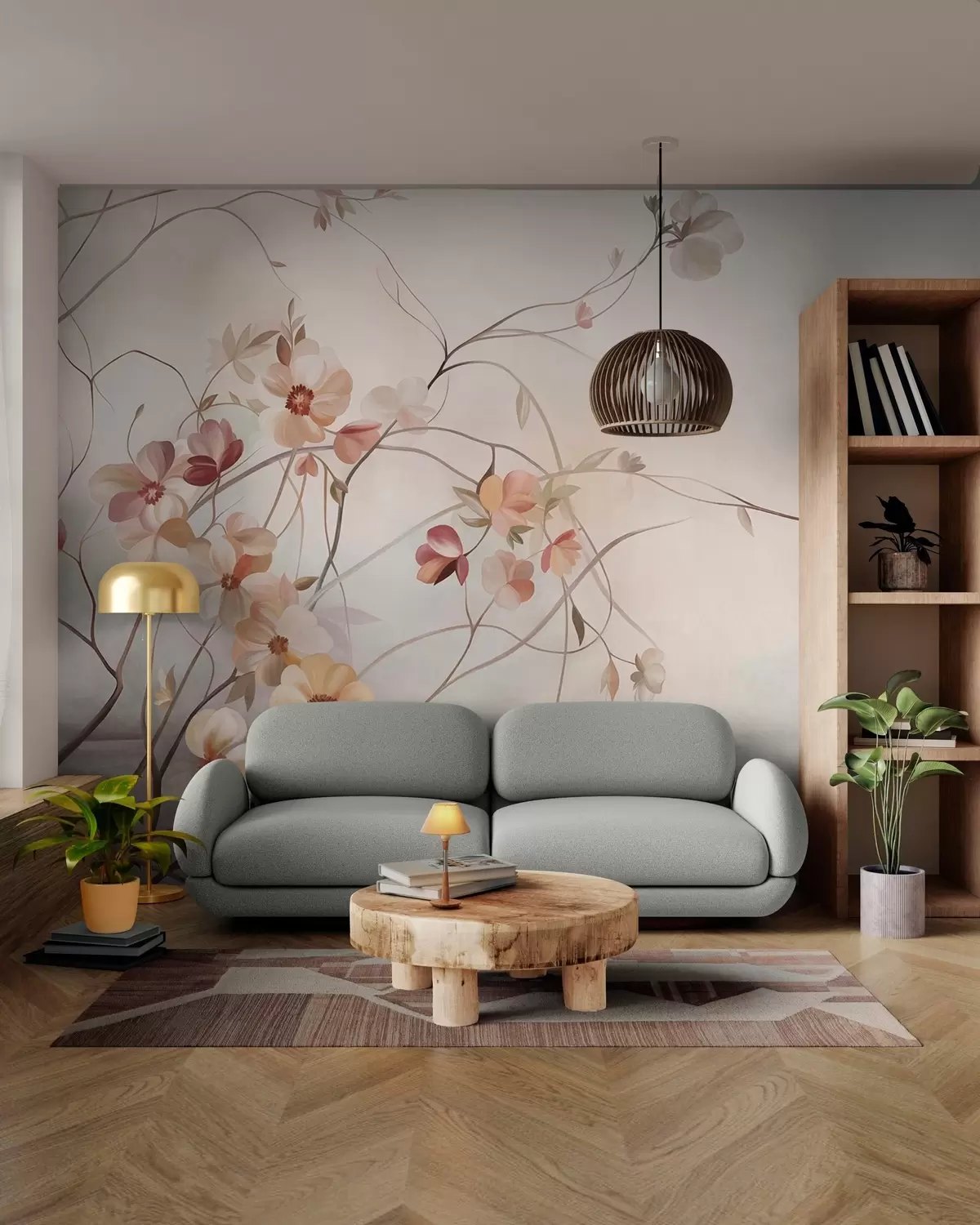 fototapeter Slyngende vinstokke med sarte, fersken- og cremefarvede blomster w10083