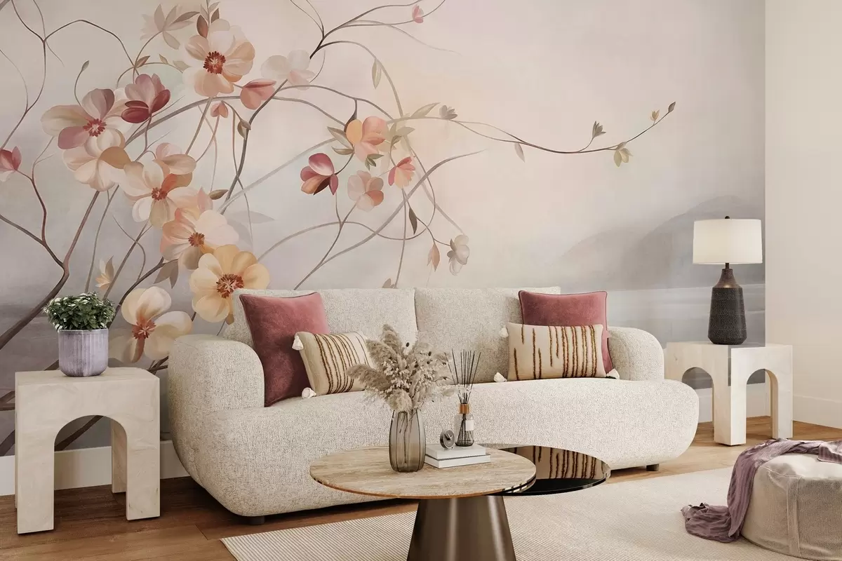 fototapeter Slyngende vinstokke med sarte, fersken- og cremefarvede blomster w10083