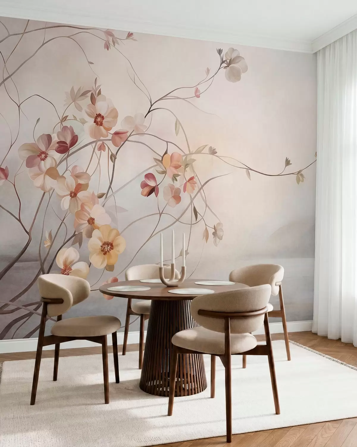 fototapeter Slyngende vinstokke med sarte, fersken- og cremefarvede blomster w10083