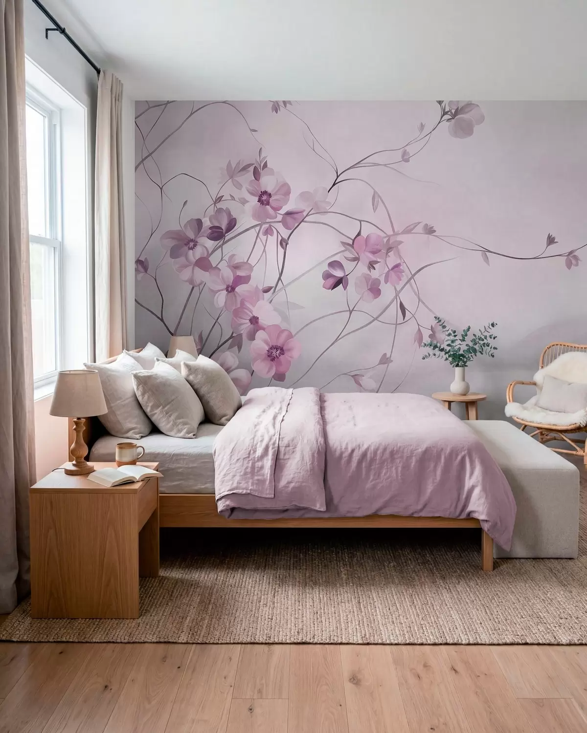 fototapeter Slyngende vinstokke med sarte, dæmpet lyserøde blomster w10083v1
