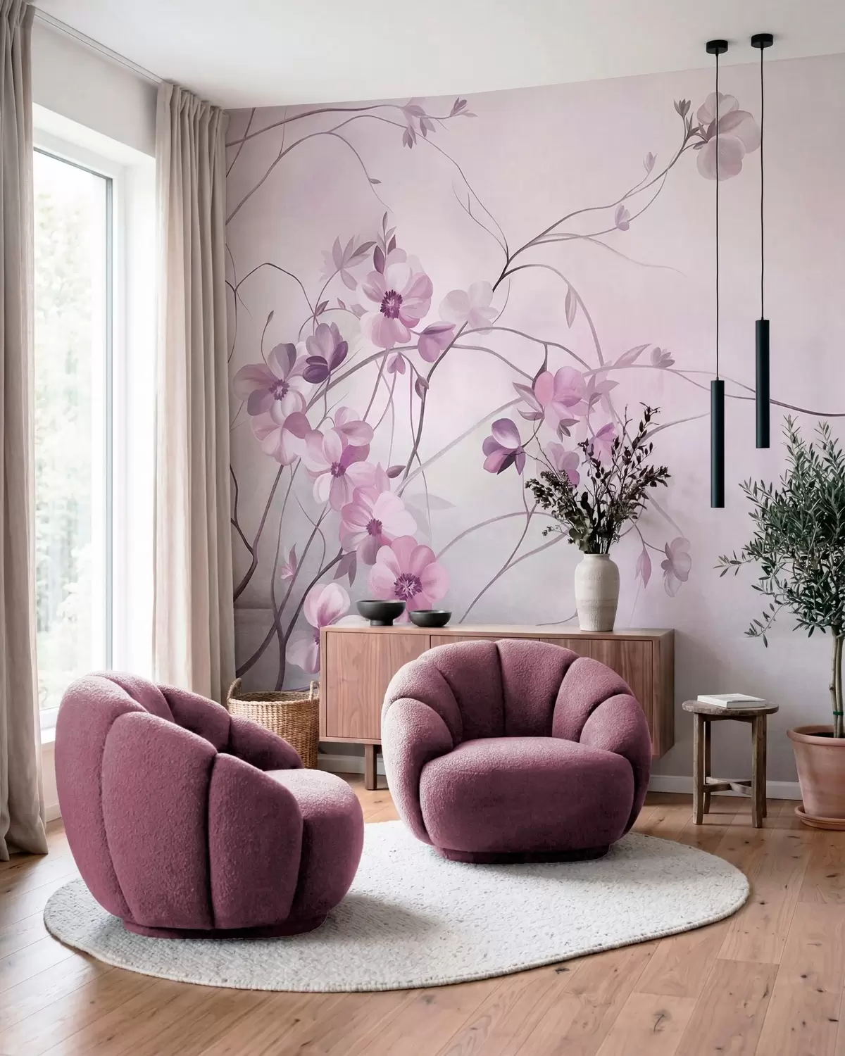 fototapeter Slyngende vinstokke med sarte, dæmpet lyserøde blomster w10083v1