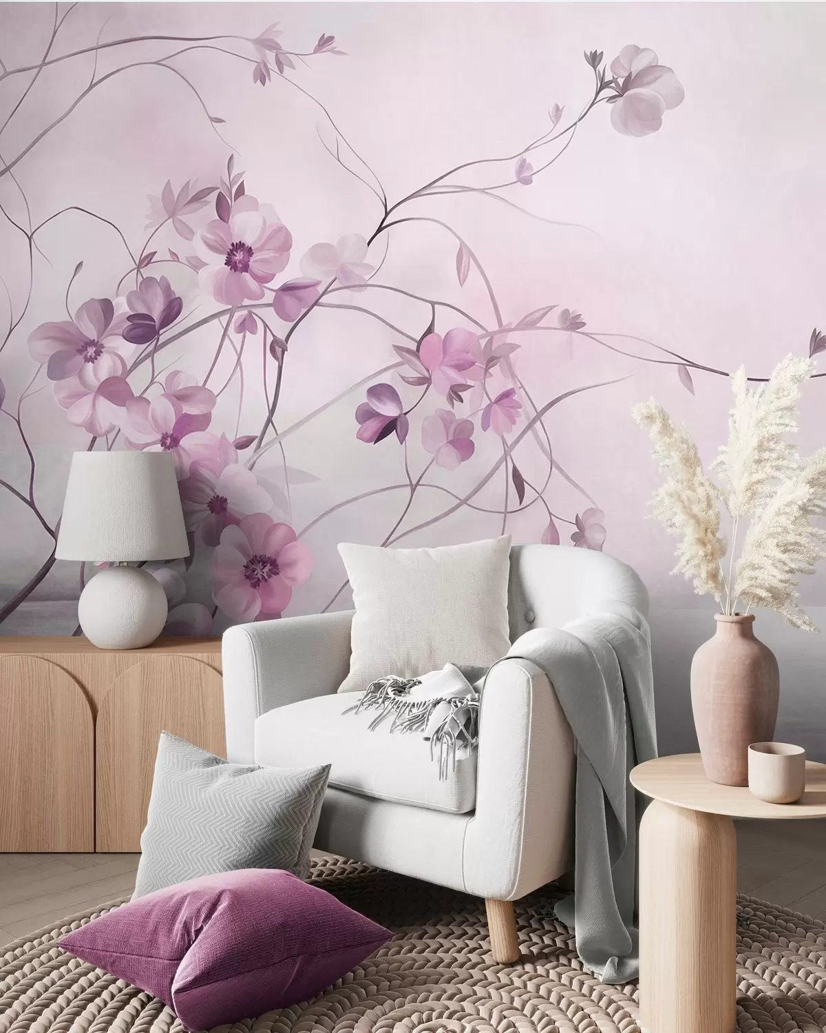 fototapeter Slyngende vinstokke med sarte, dæmpet lyserøde blomster w10083v1