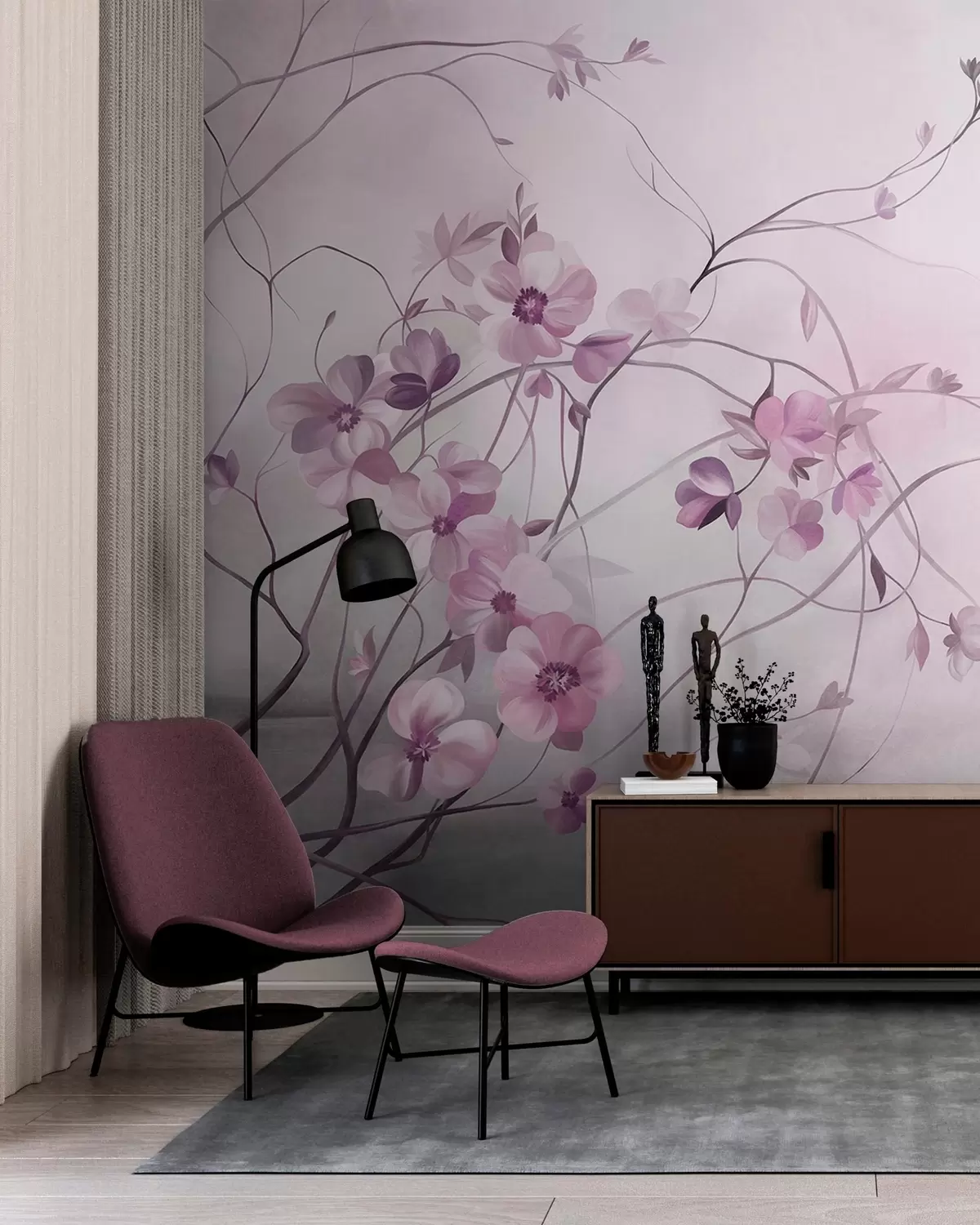 fototapeter Slyngende vinstokke med sarte, dæmpet lyserøde blomster w10083v1