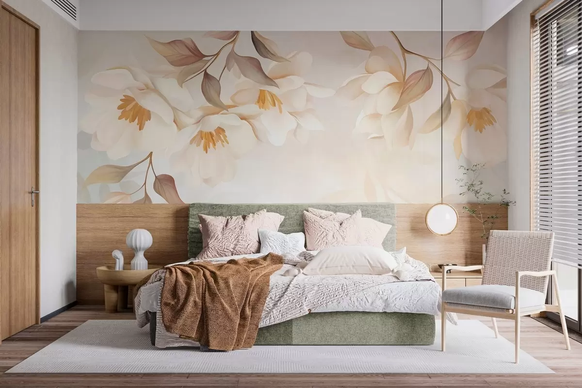 Murale Des fleurs de magnolia aux feuilles brunes et délicates qui pendent des branches w10086
