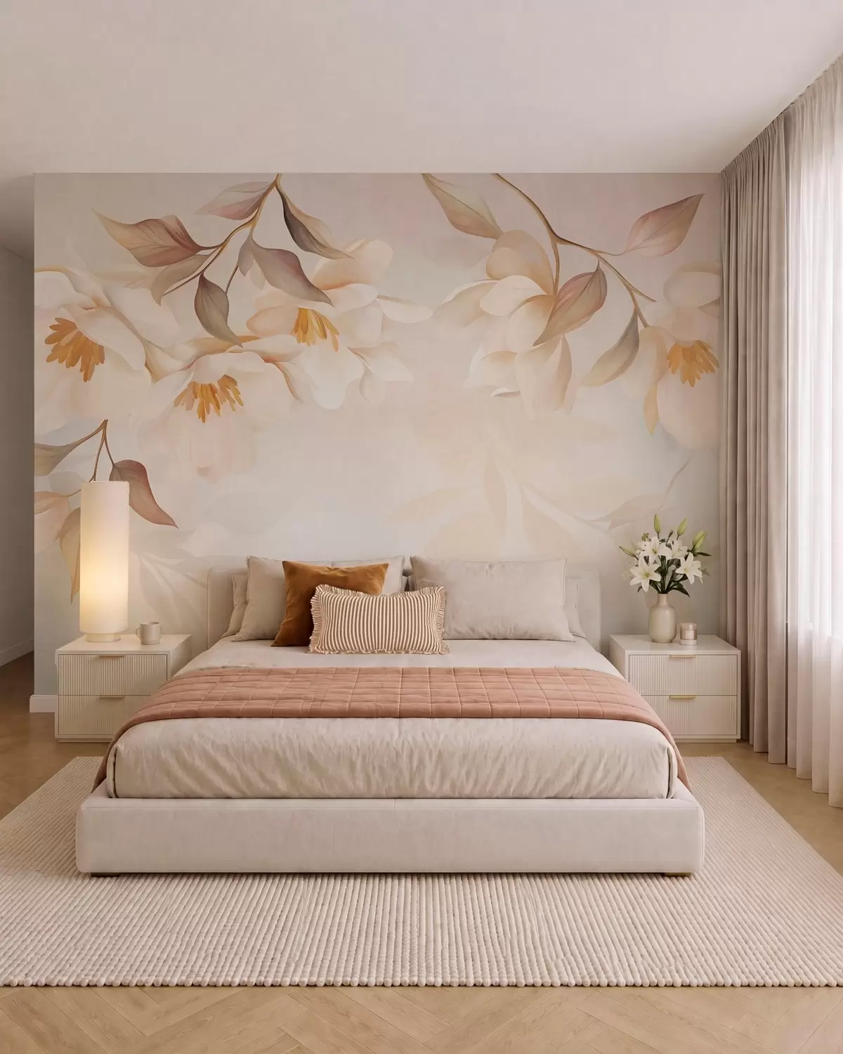 Murale Des fleurs de magnolia aux feuilles brunes et délicates qui pendent des branches w10086