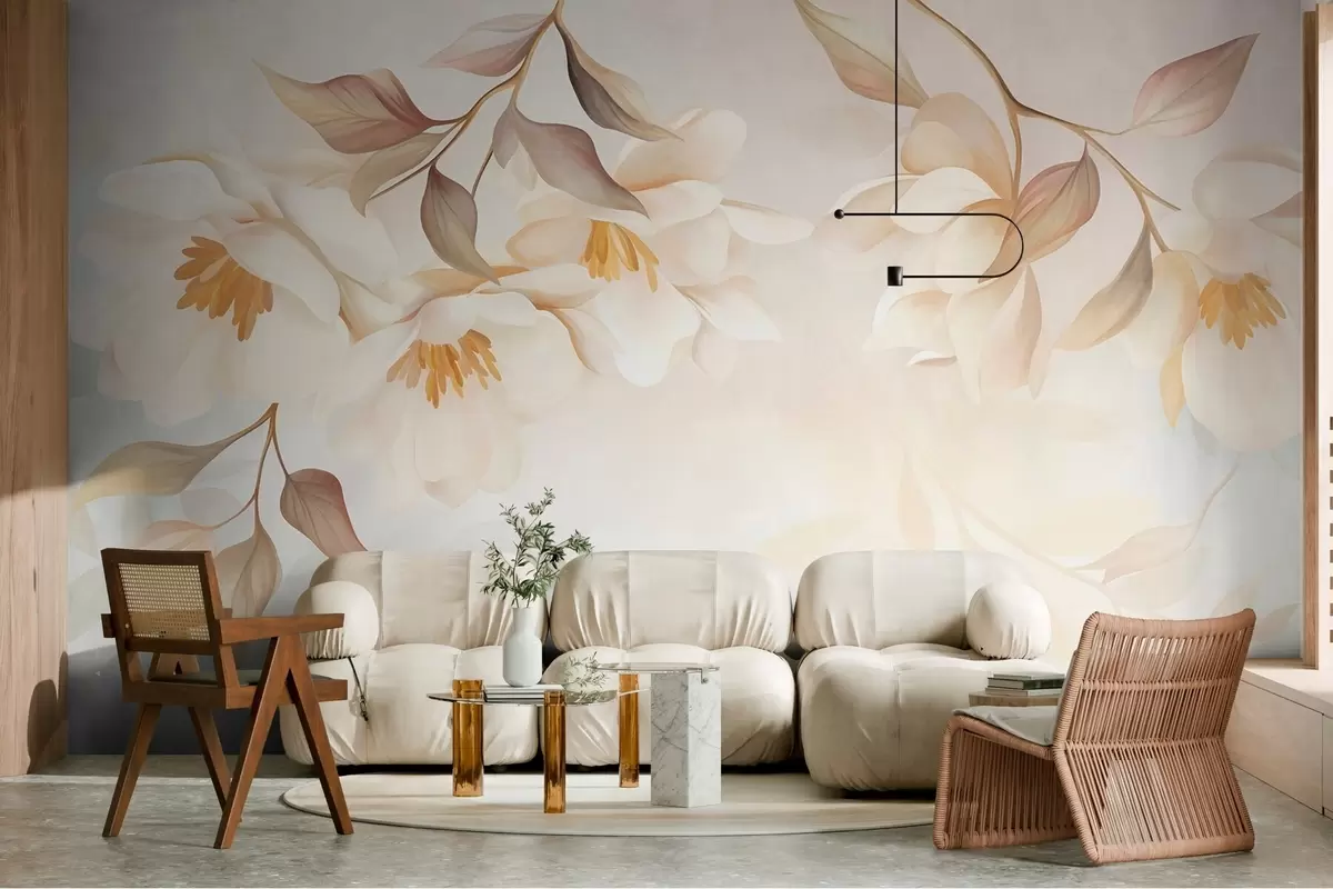 Murale Des fleurs de magnolia aux feuilles brunes et délicates qui pendent des branches w10086