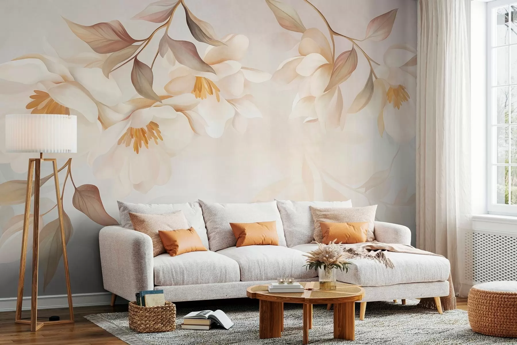 Murale Des fleurs de magnolia aux feuilles brunes et délicates qui pendent des branches w10086