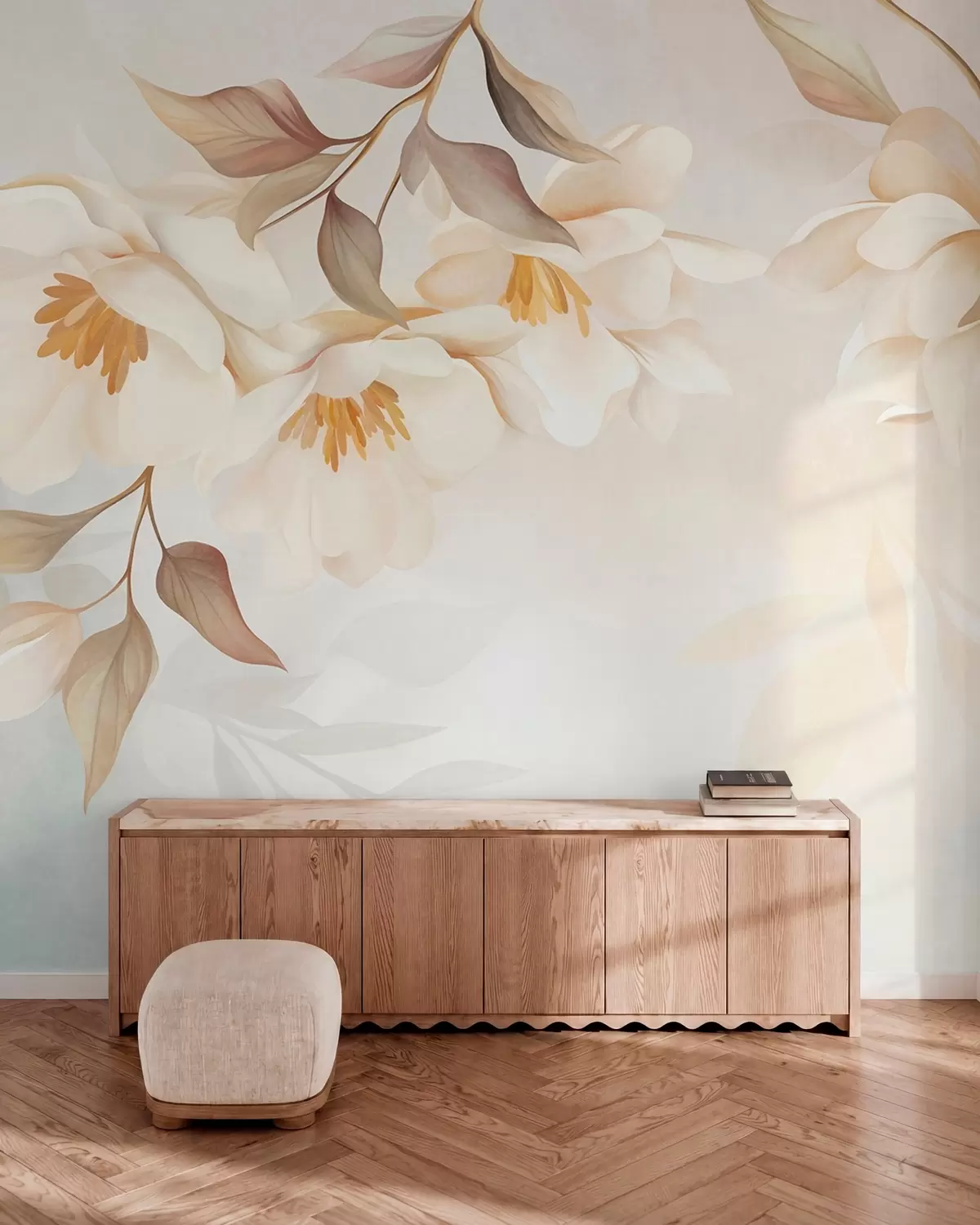 Murale Des fleurs de magnolia aux feuilles brunes et délicates qui pendent des branches w10086