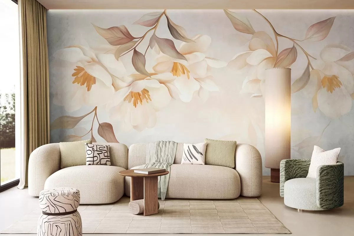 Murale Des fleurs de magnolia aux feuilles brunes et délicates qui pendent des branches w10086