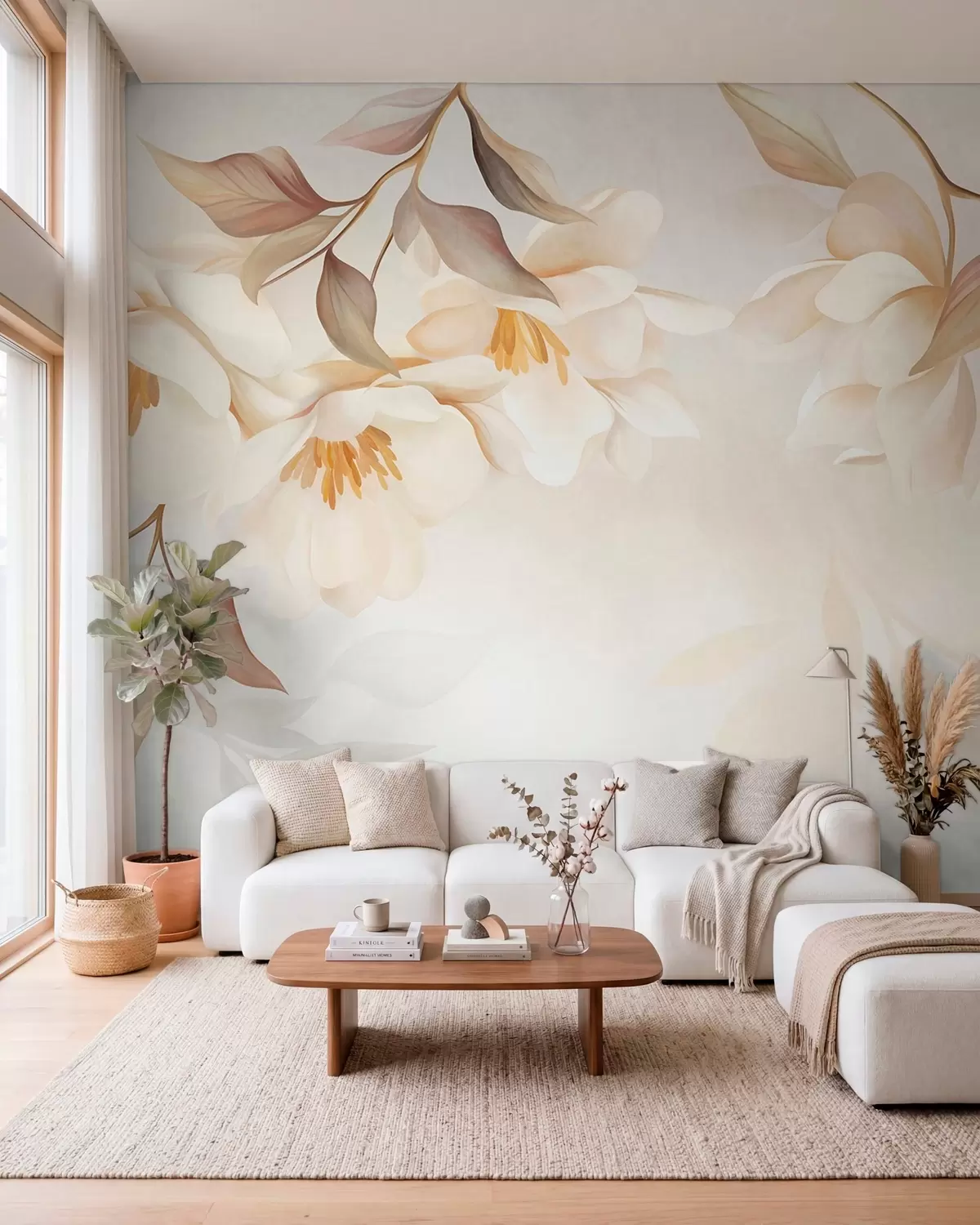 Murale Des fleurs de magnolia aux feuilles brunes et délicates qui pendent des branches w10086