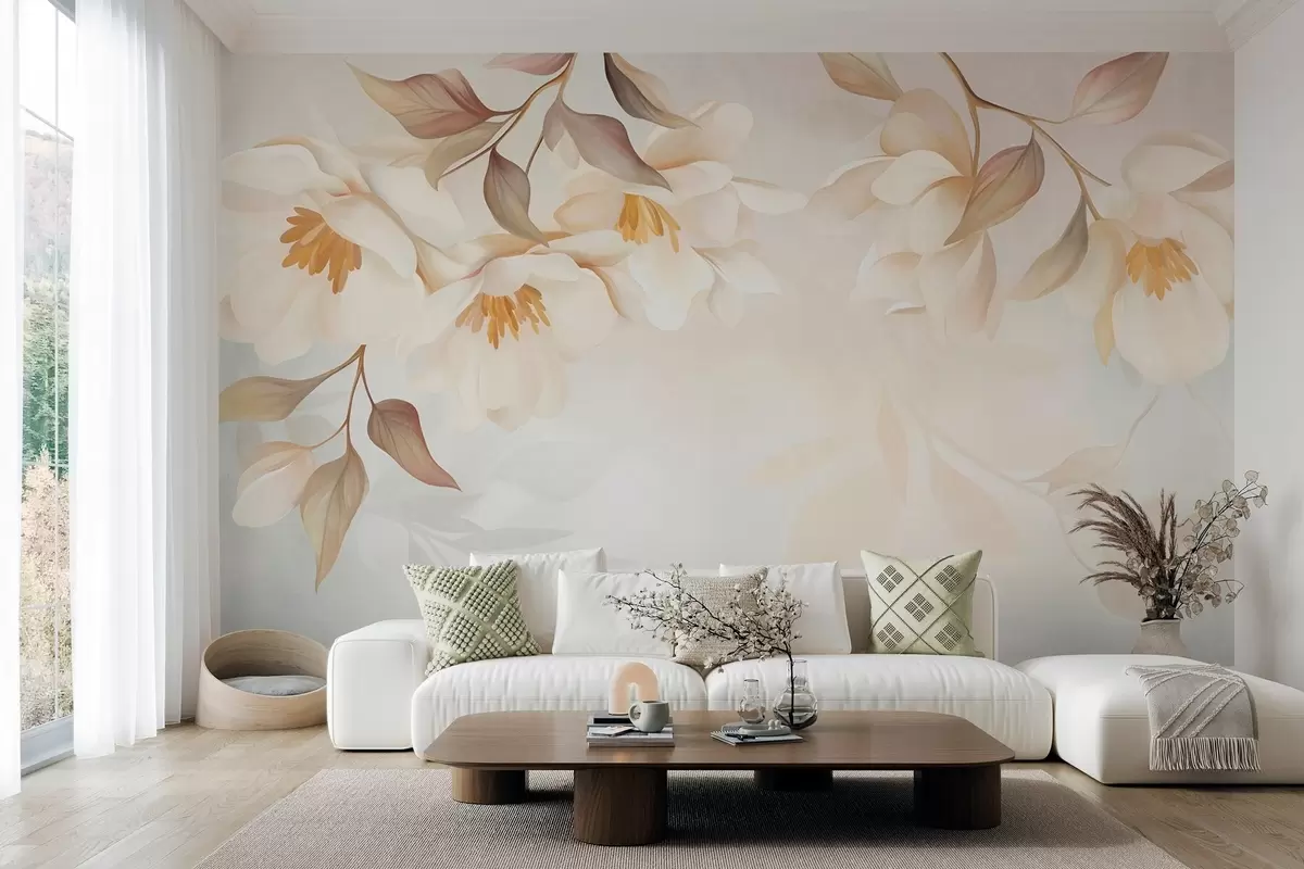 Murale Des fleurs de magnolia aux feuilles brunes et délicates qui pendent des branches w10086