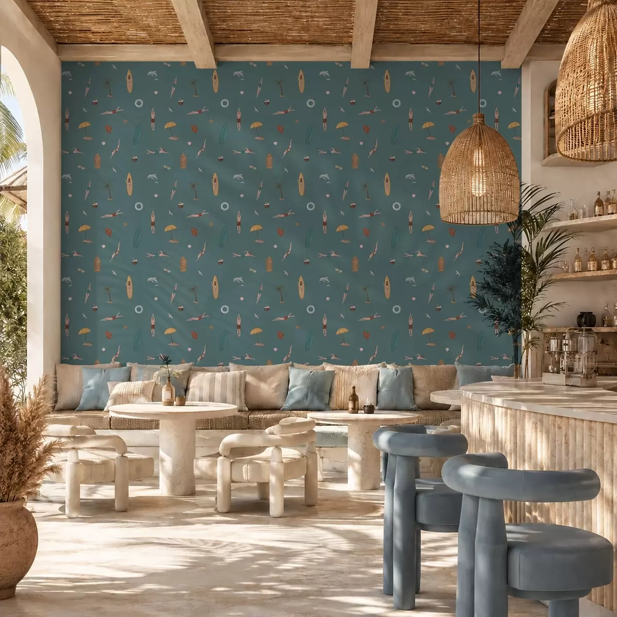 Tapete Schwimmer, Delfine und tropische Motive auf dunkelblaugrünem Hintergrund a01275v3