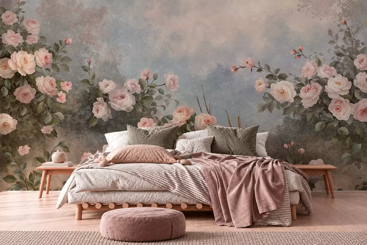 Murale Des rosiers aux fleurs roses éclatantes se détachant sur un paysage brumeux w05888