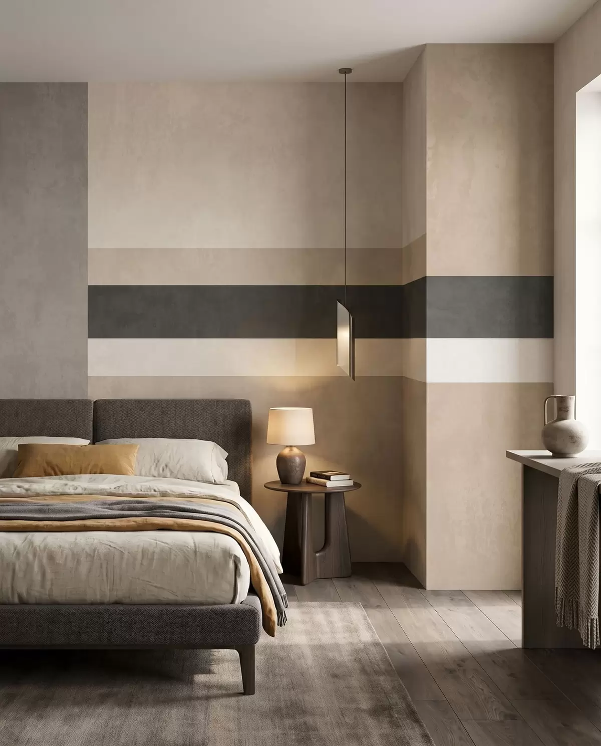 Murale Rectangles abstraits dans des tons beiges chauds, ornés d'une bande sombre w05890