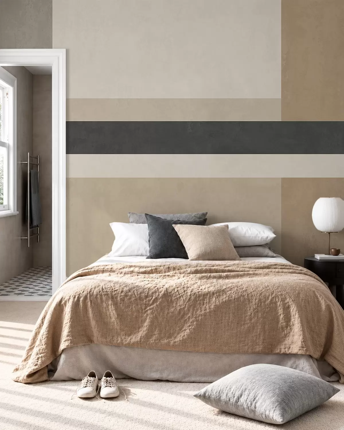 Murale Rectangles abstraits dans des tons beiges chauds, ornés d'une bande sombre w05890