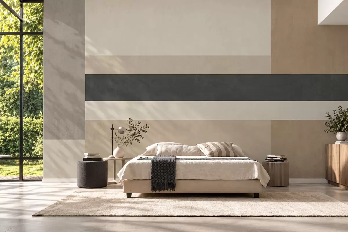 Murale Rectangles abstraits dans des tons beiges chauds, ornés d'une bande sombre w05890