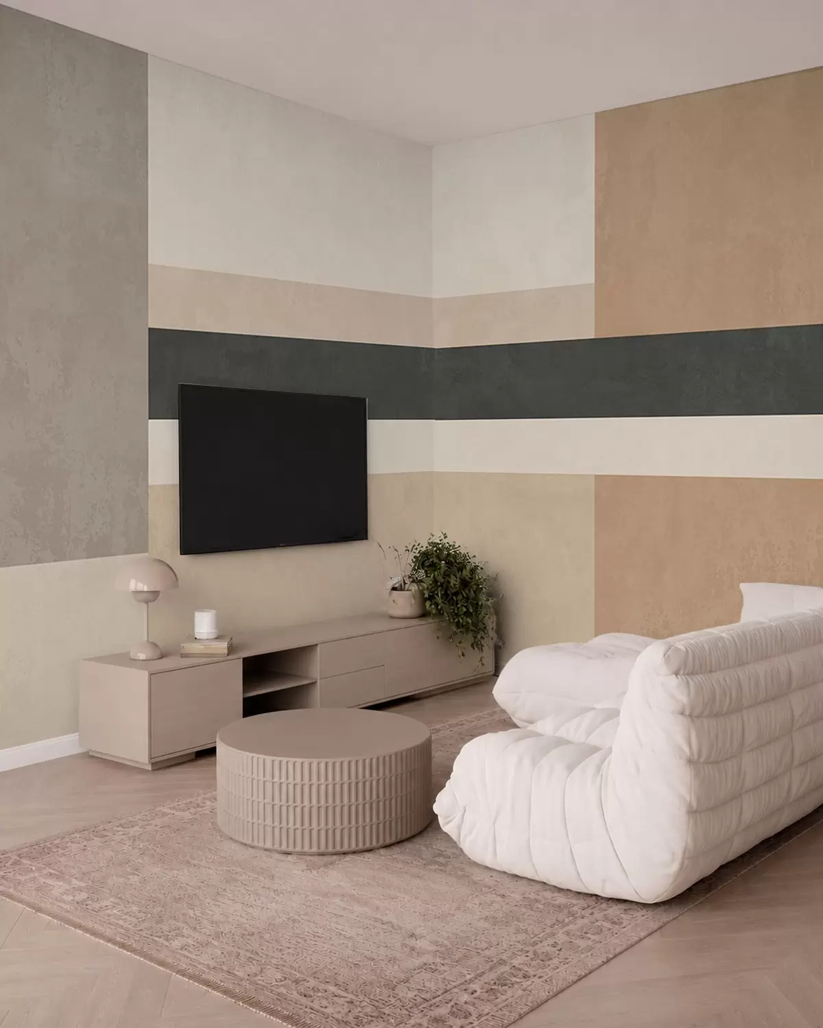 Murale Rectangles abstraits dans des tons beiges chauds, ornés d'une bande sombre w05890