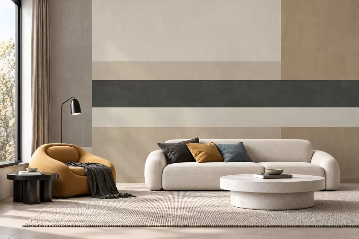 Murale Rectangles abstraits dans des tons beiges chauds, ornés d'une bande sombre w05890