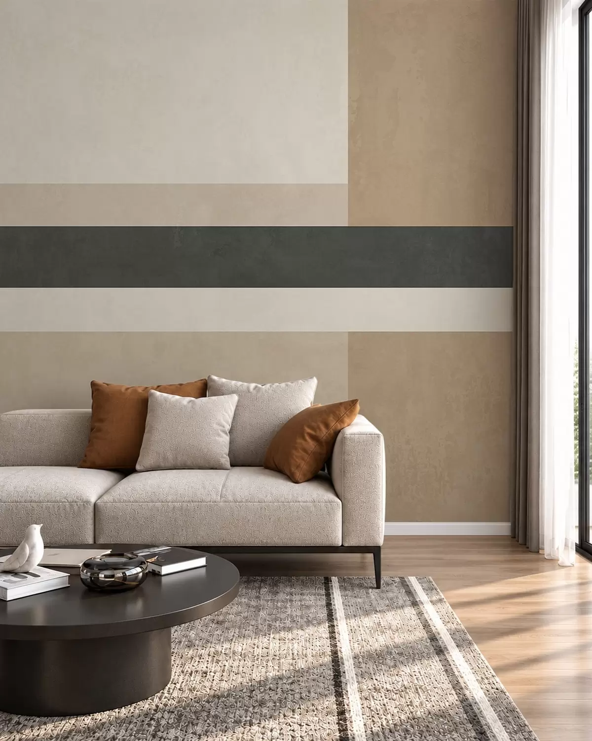 Murale Rectangles abstraits dans des tons beiges chauds, ornés d'une bande sombre w05890