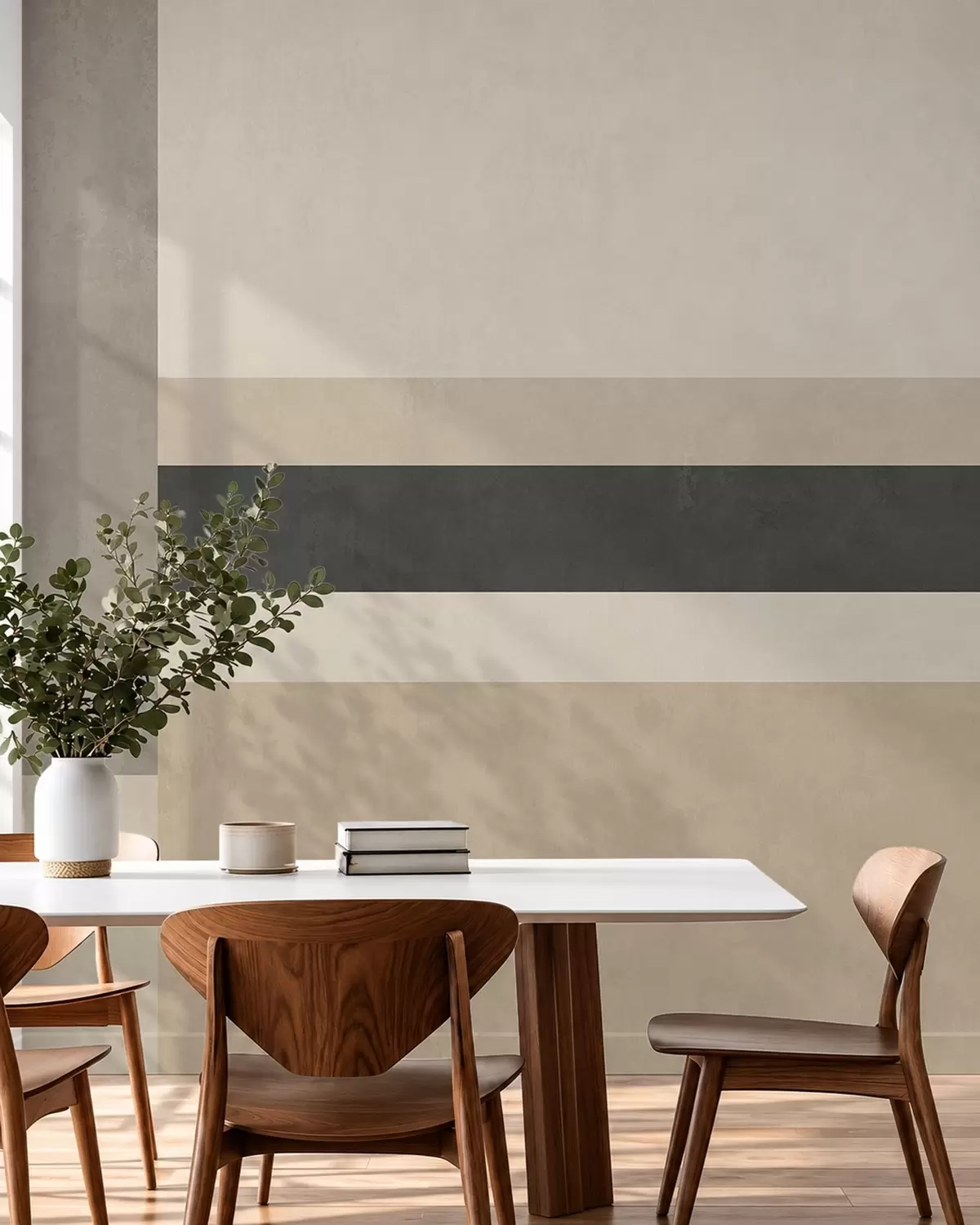 Murale Rectangles abstraits dans des tons beiges chauds, ornés d'une bande sombre w05890