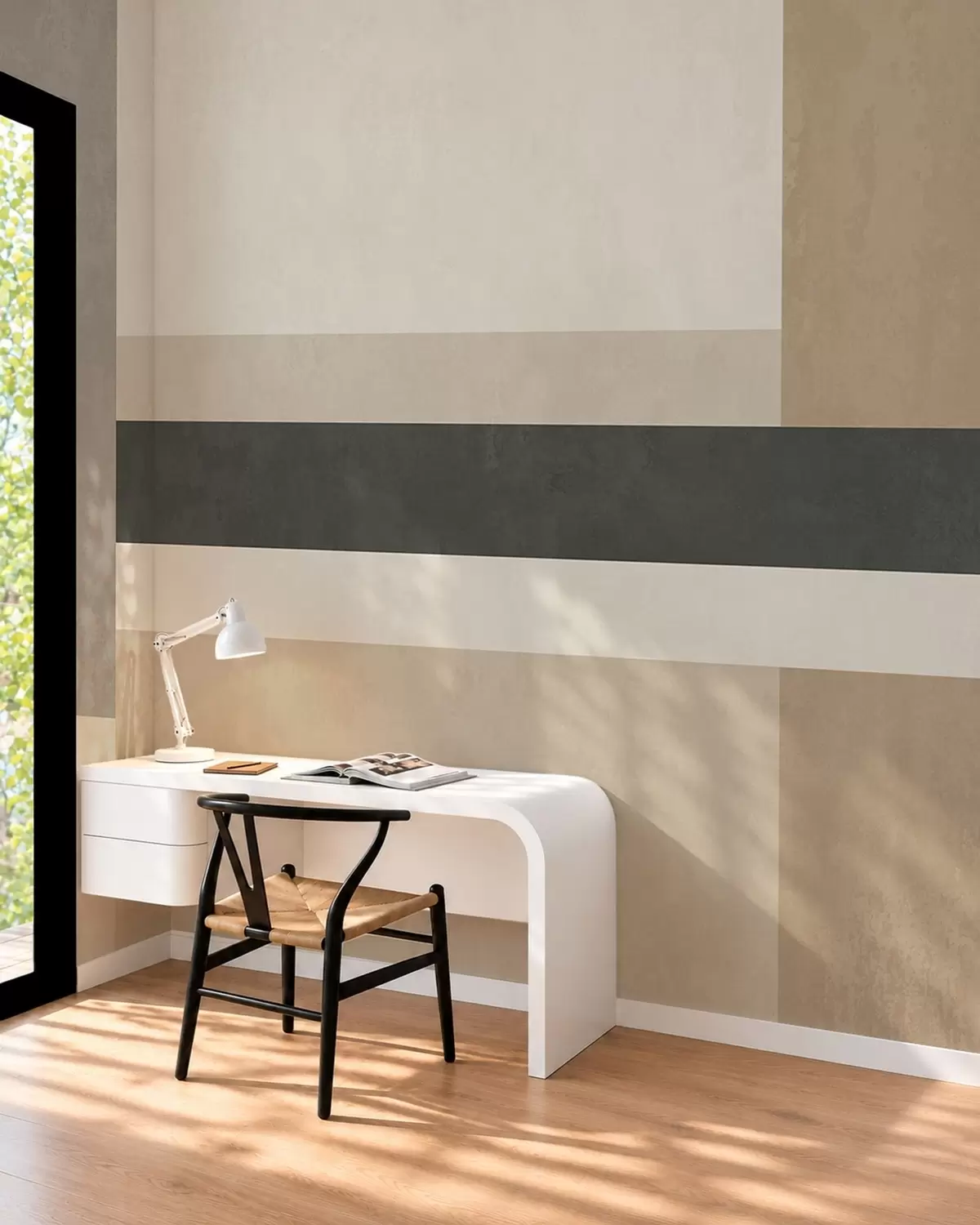 Murale Rectangles abstraits dans des tons beiges chauds, ornés d'une bande sombre w05890
