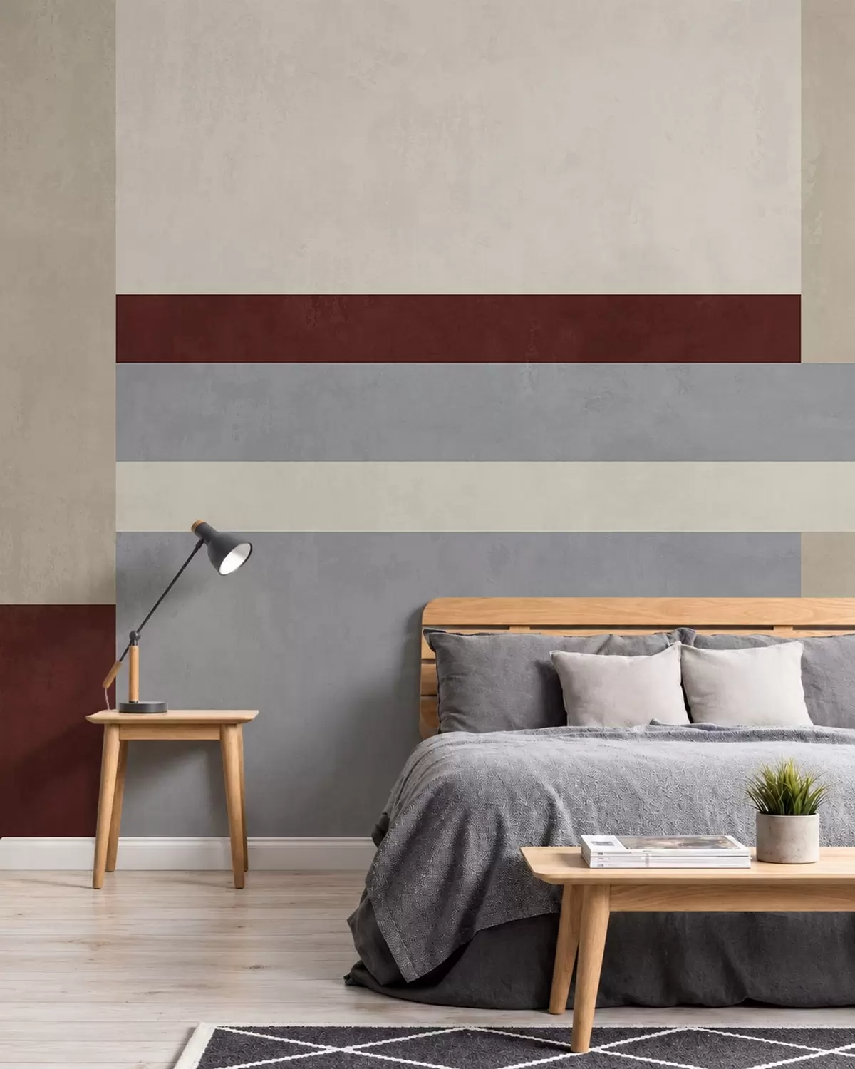 Murale Motif géométrique abstrait composé de blocs bordeaux, gris et beiges w05890v2