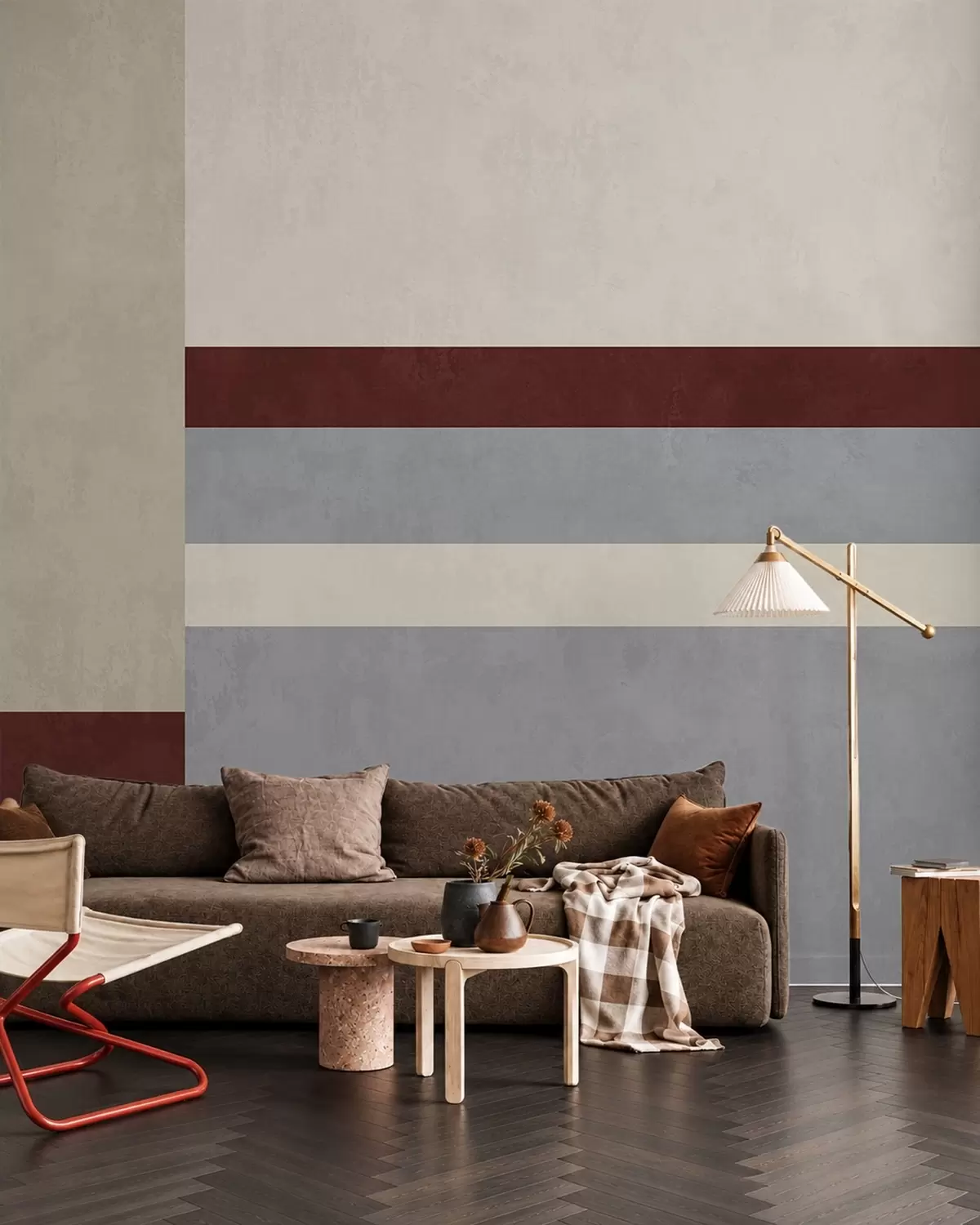 Murale Motif géométrique abstrait composé de blocs bordeaux, gris et beiges w05890v2