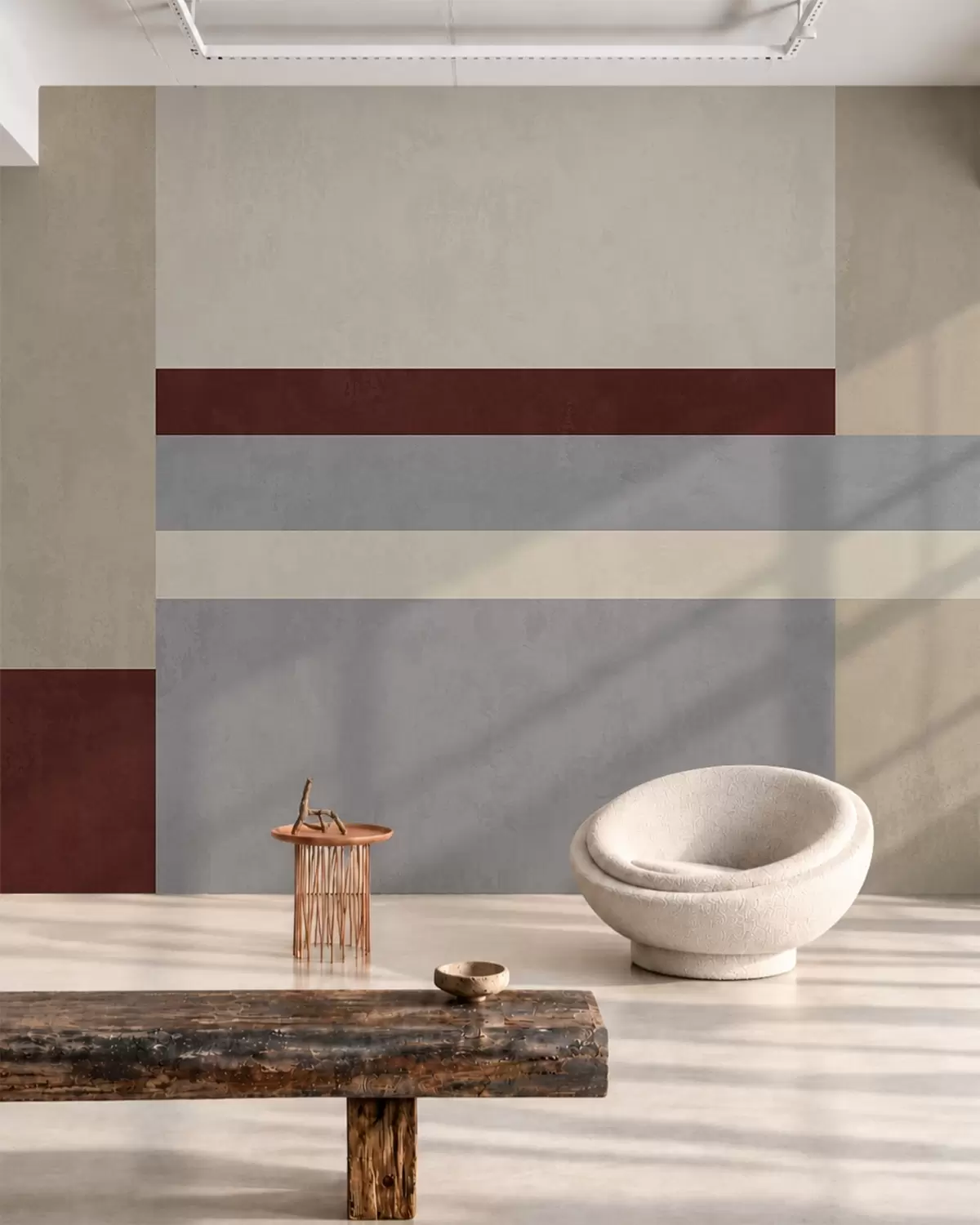Murale Motif géométrique abstrait composé de blocs bordeaux, gris et beiges w05890v2